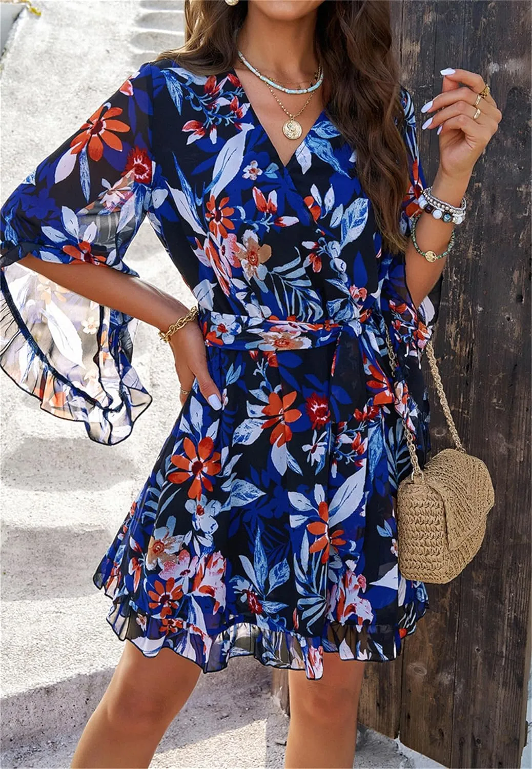 crazynekos Women's Summer Dresses Casual Short Sleeve V Neck Ruffle Floral Print High Waist Flowy Mini Dress with Belt