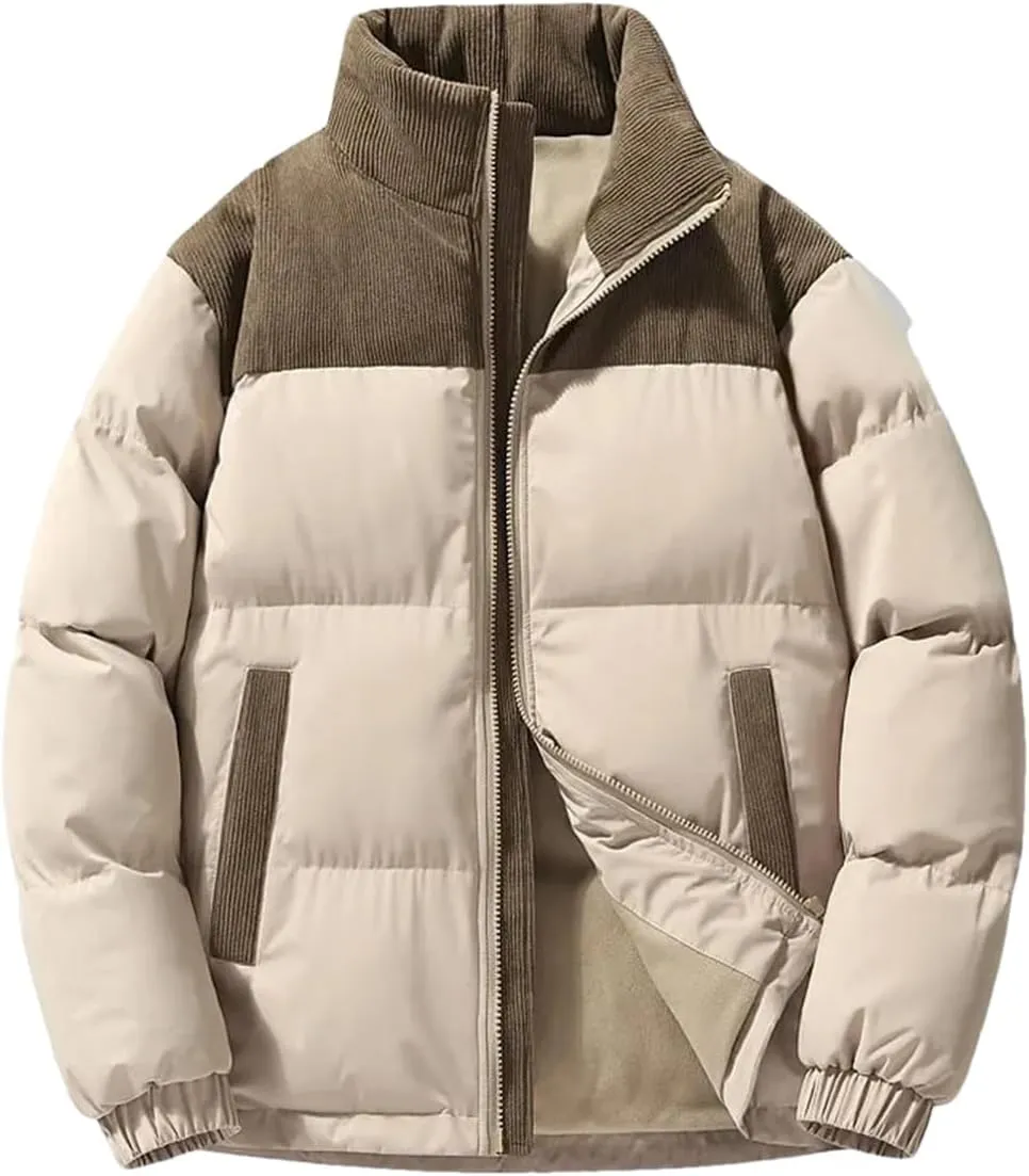 Dcvmvmn Men Winter Down Cotton Jacket Corduroy Patchwork Lightweight Padded Jackets Loose Coat