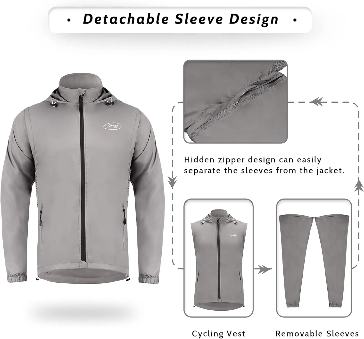Dooy Men's Cycling Jacket with Detachable Sleeves Windbreaker Jackets Windproof Running Vest Lightweight and High Visibility