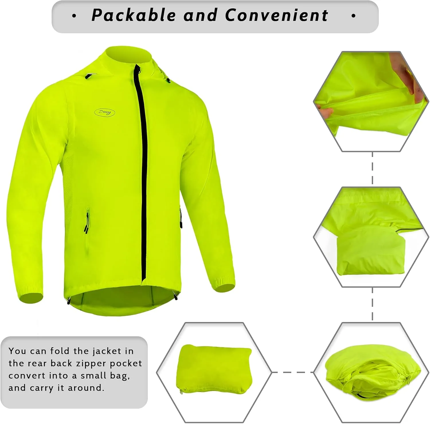 Dooy Men's Cycling Jacket with Detachable Sleeves Windbreaker Jackets Windproof Running Vest Lightweight and High Visibility