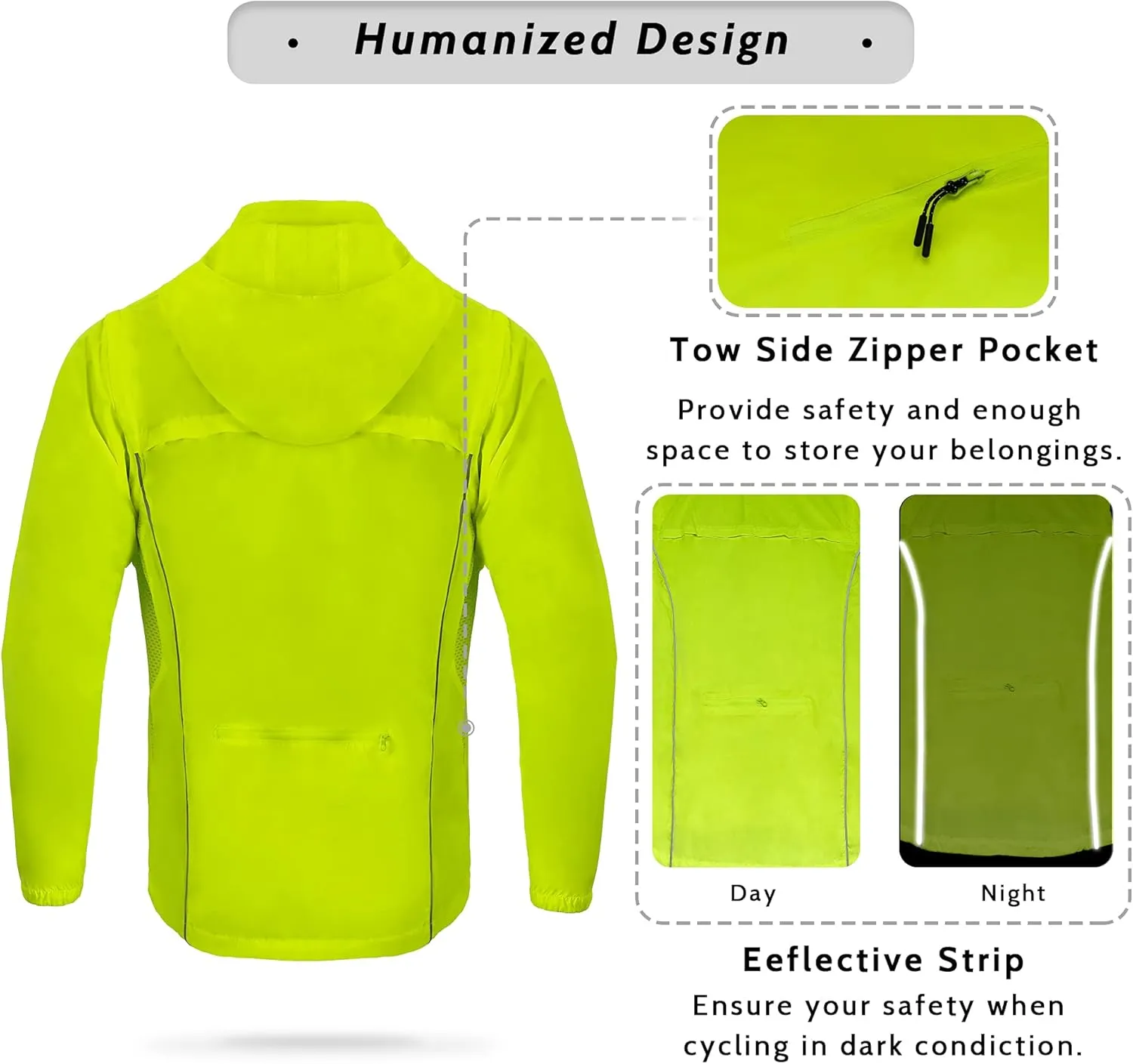Dooy Men's Cycling Jacket with Detachable Sleeves Windbreaker Jackets Windproof Running Vest Lightweight and High Visibility