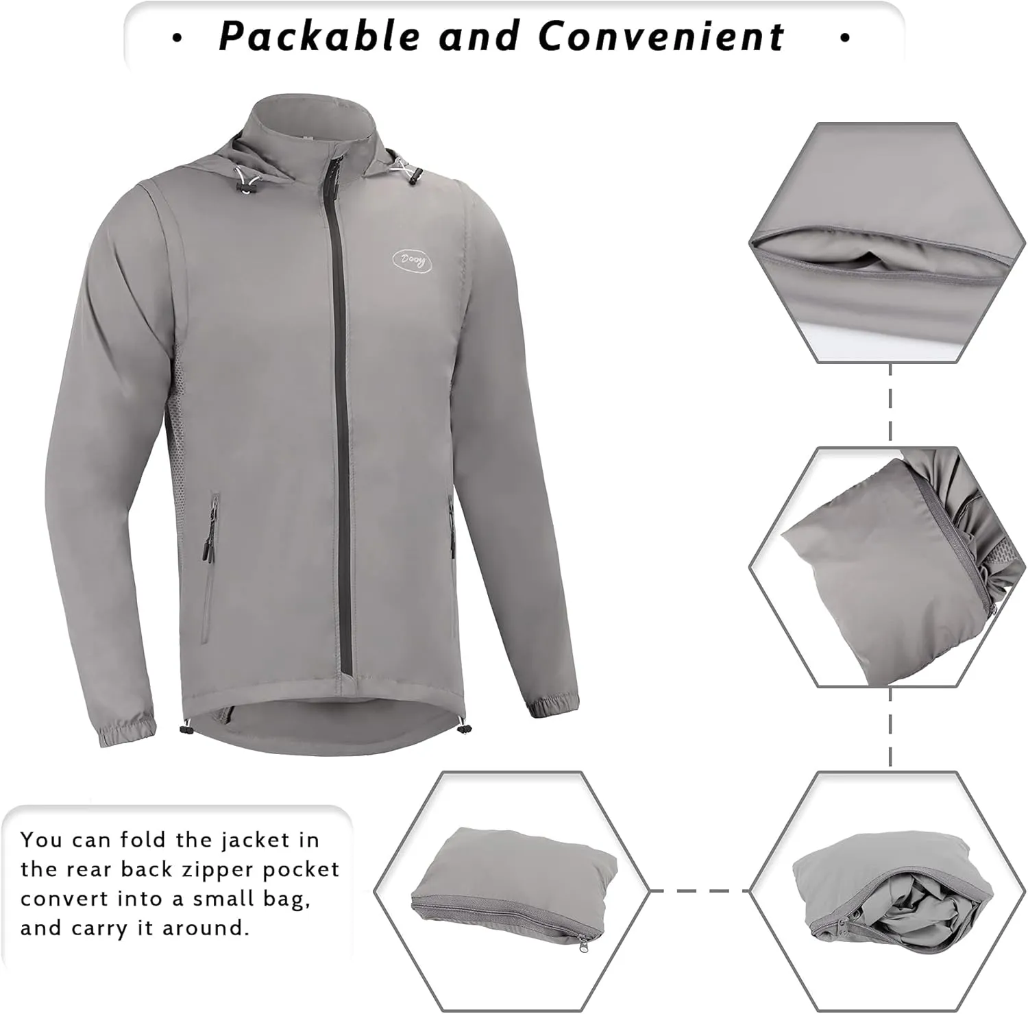 Dooy Men's Cycling Jacket with Detachable Sleeves Windbreaker Jackets Windproof Running Vest Lightweight and High Visibility
