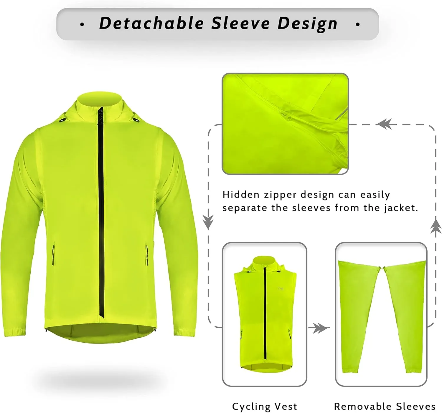 Dooy Men's Cycling Jacket with Detachable Sleeves Windbreaker Jackets Windproof Running Vest Lightweight and High Visibility