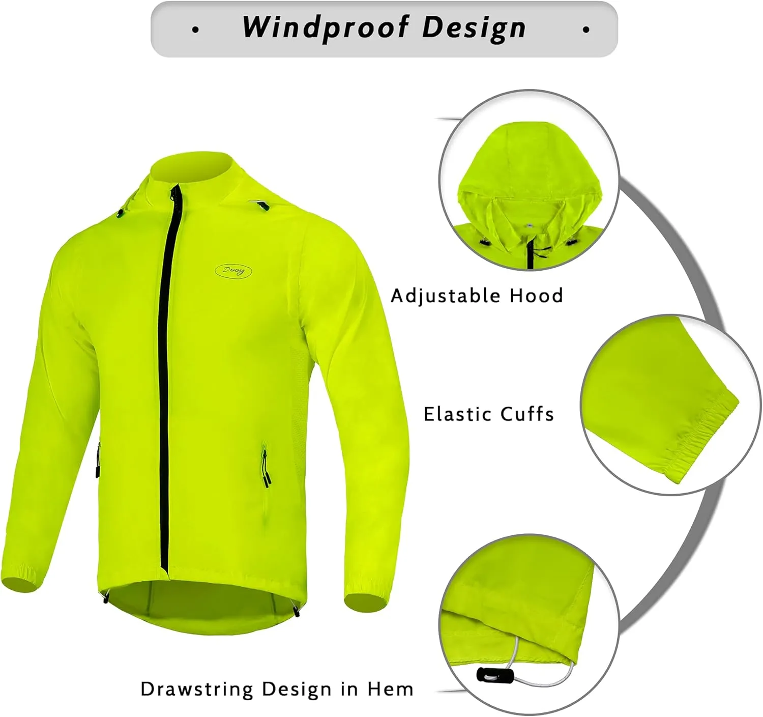 Dooy Men's Cycling Jacket with Detachable Sleeves Windbreaker Jackets Windproof Running Vest Lightweight and High Visibility