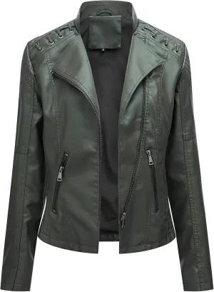 ebossy Women's Faux Leather Zipper Up Long Sleeve Slim Cropped Motorcycle Jacket Outwear