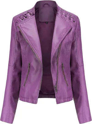 ebossy Women's Faux Leather Zipper Up Long Sleeve Slim Cropped Motorcycle Jacket Outwear