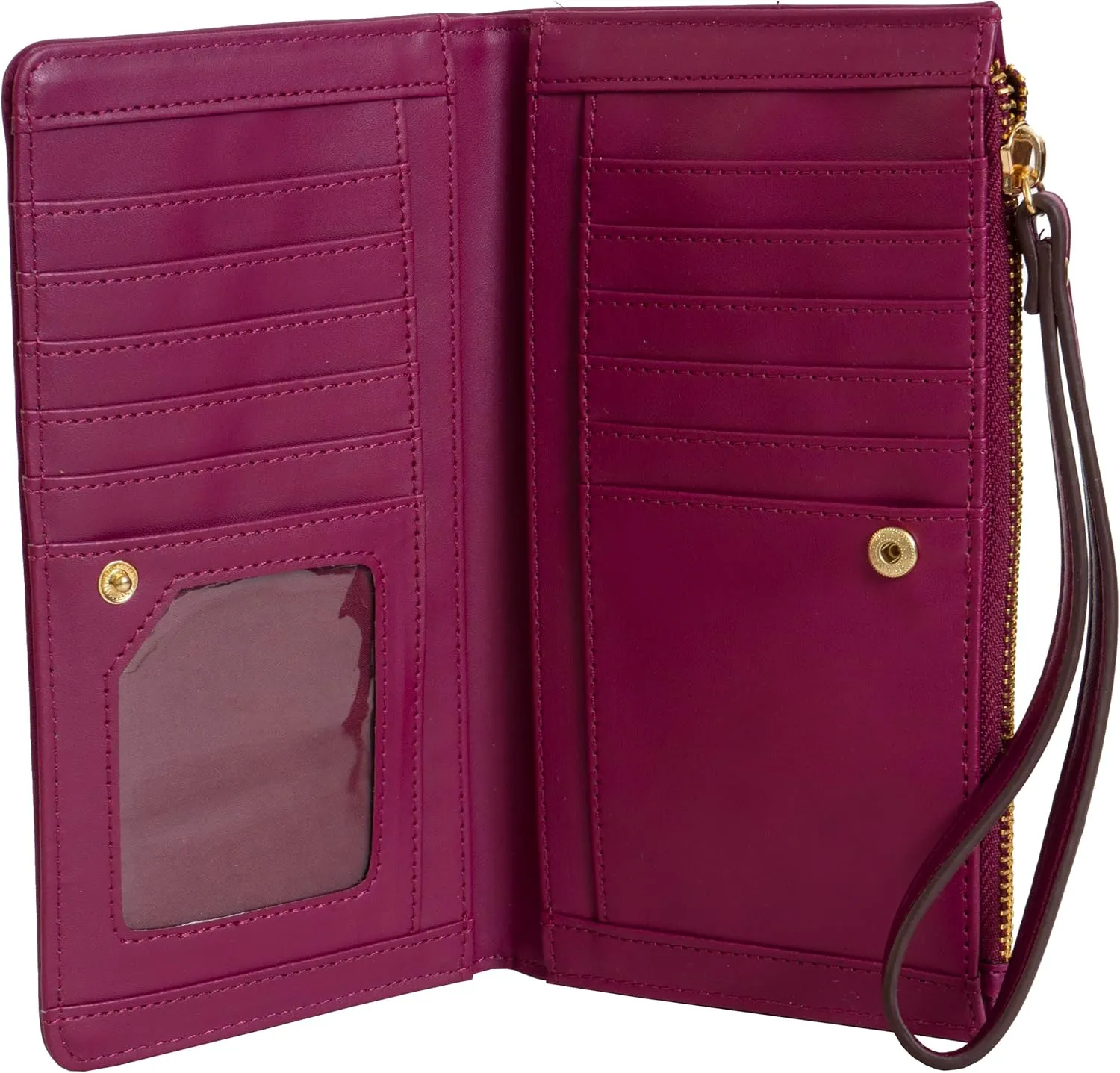 ELLEN TRACY Faux Leather Smooth Vachetta Zippered Bi-fold Clutch Multi Holder Organizer Wristlet (Raspberry)