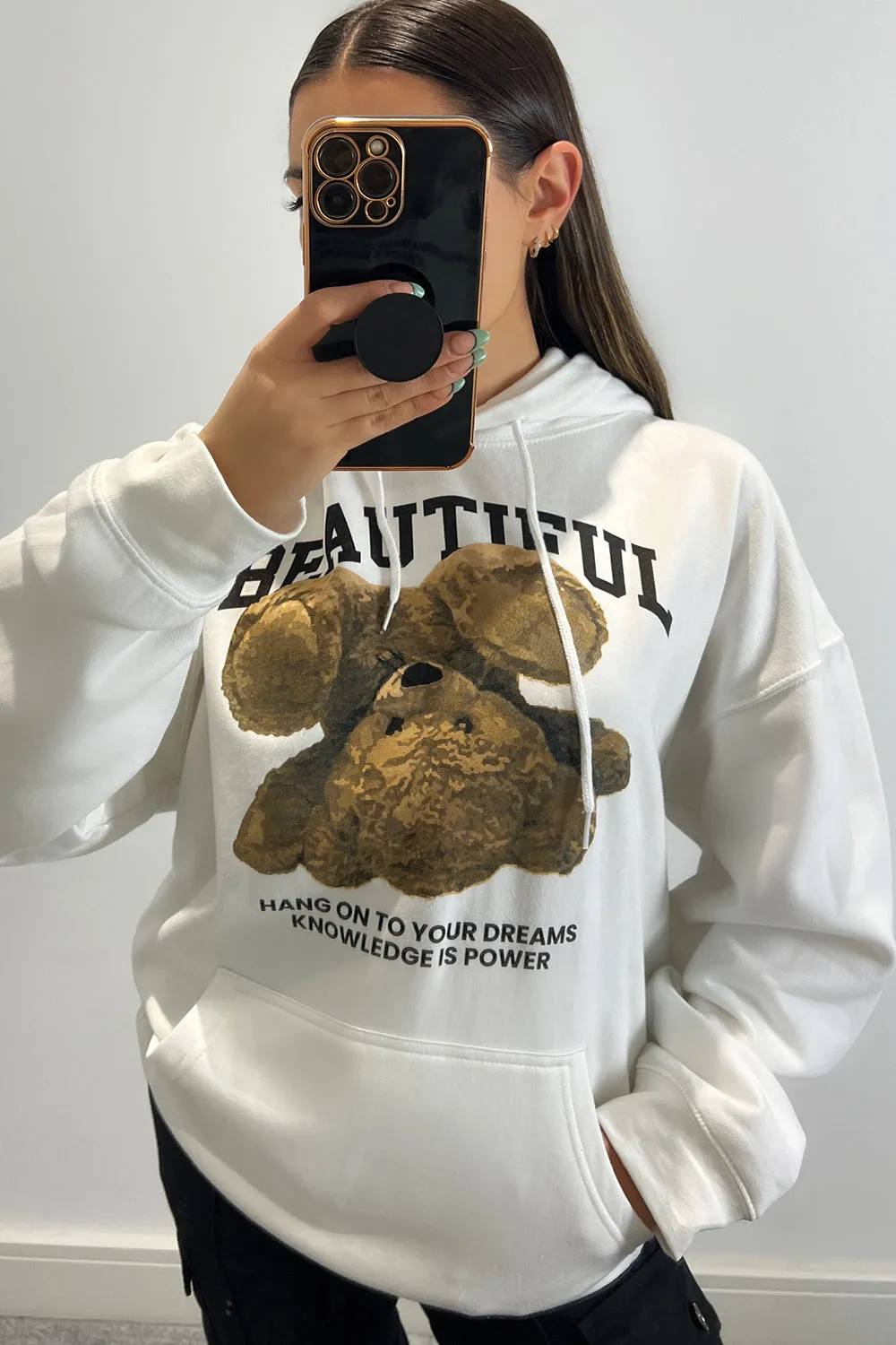 Ellis White Beautiful Teddy Graphic Print Oversized Hoodie