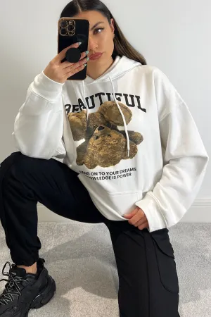 Ellis White Beautiful Teddy Graphic Print Oversized Hoodie