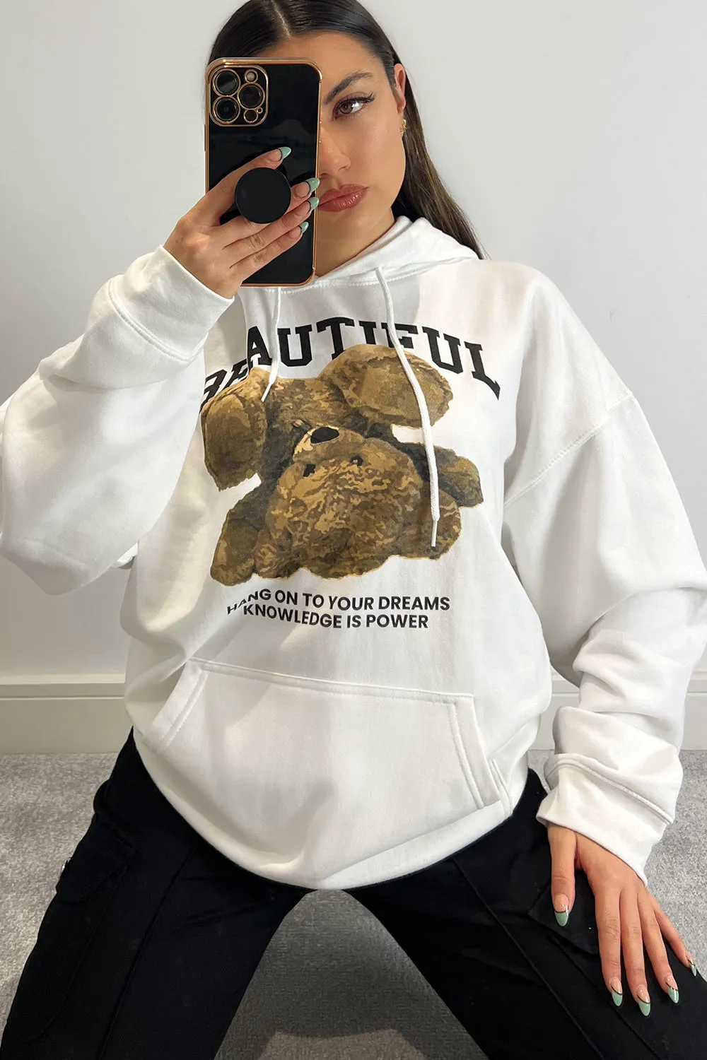 Ellis White Beautiful Teddy Graphic Print Oversized Hoodie