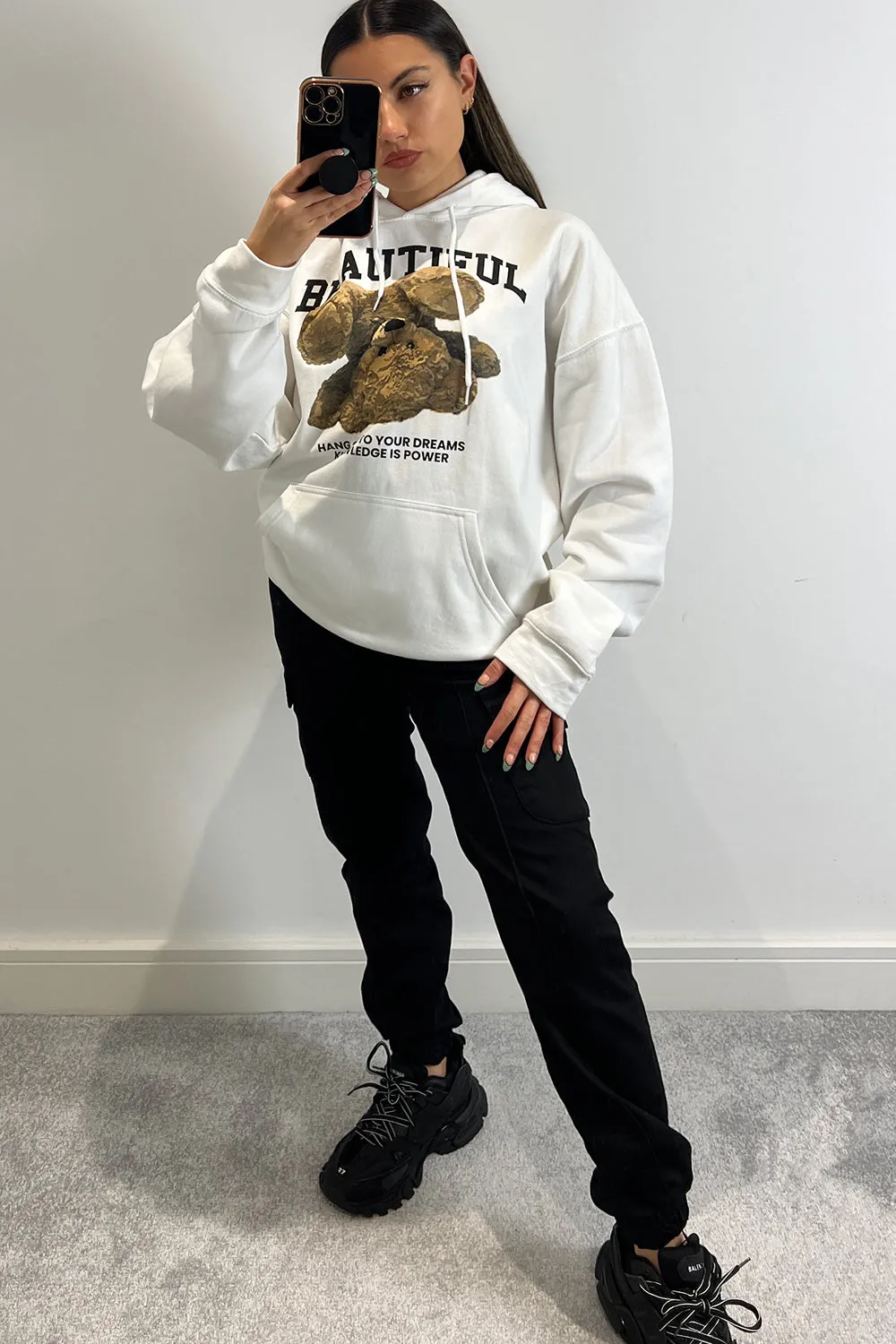 Ellis White Beautiful Teddy Graphic Print Oversized Hoodie