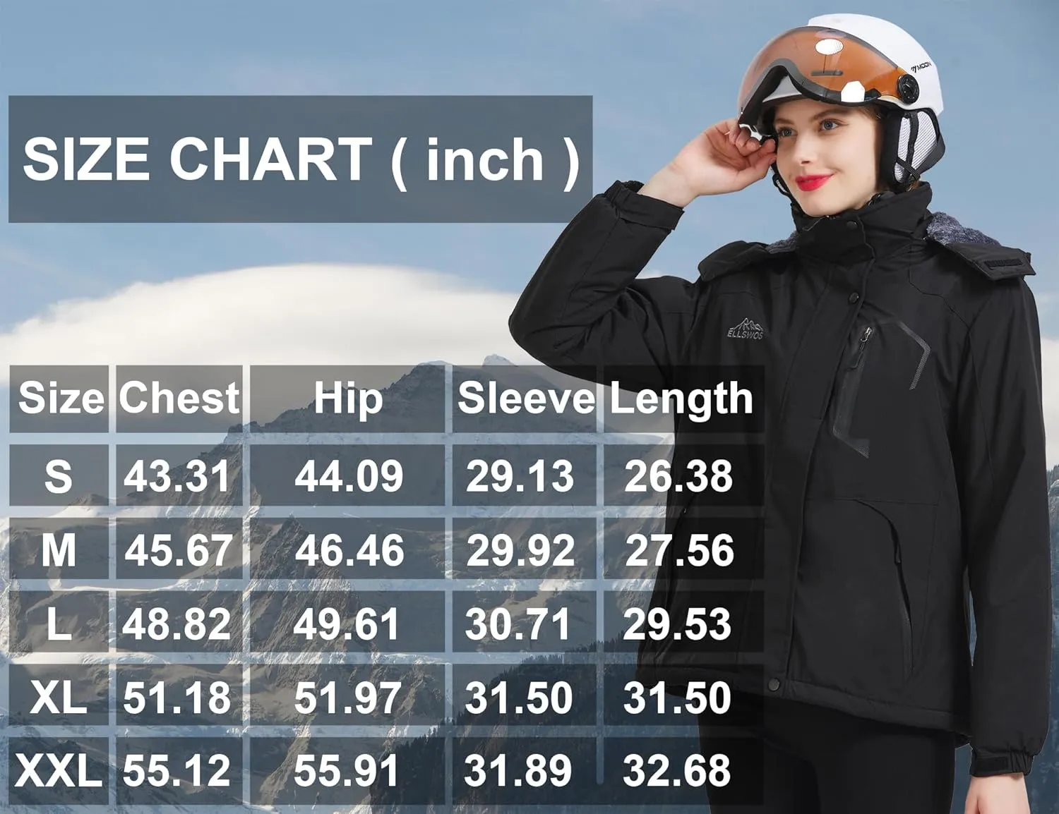 ELLSWOS Womens Winter Coats Waterproof Ski Jacket Warm Snow Jackets Windproof Windbreaker Hooded Raincoat