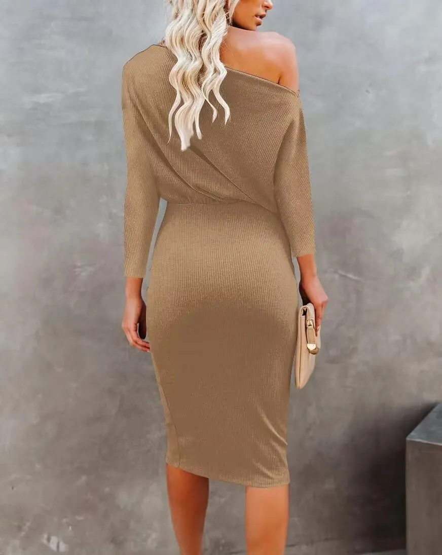 Ezbelle Women's Off The Shoulder 3/4 Sleeve Batwing HIPS-Wrap Pencil Party Sexy Bodycon Midi Dress