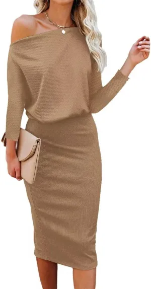Ezbelle Women's Off The Shoulder 3/4 Sleeve Batwing HIPS-Wrap Pencil Party Sexy Bodycon Midi Dress