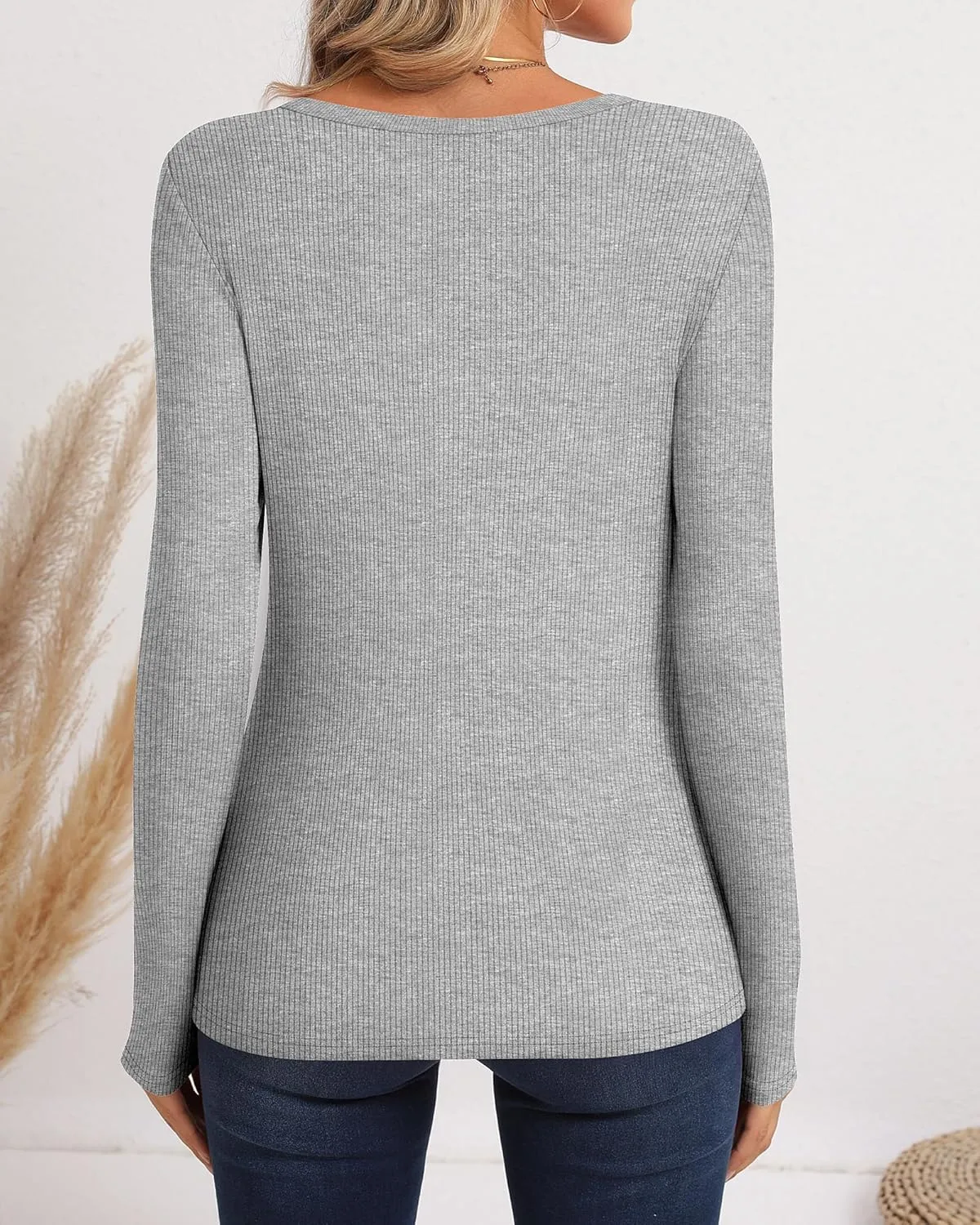 Ficerd 3 Pack Women's Long Sleeve Shirts, Crew Neck Slim Fit Tees Ribbed Knit Undershirts Casual Stretch Basic Layering Tops
