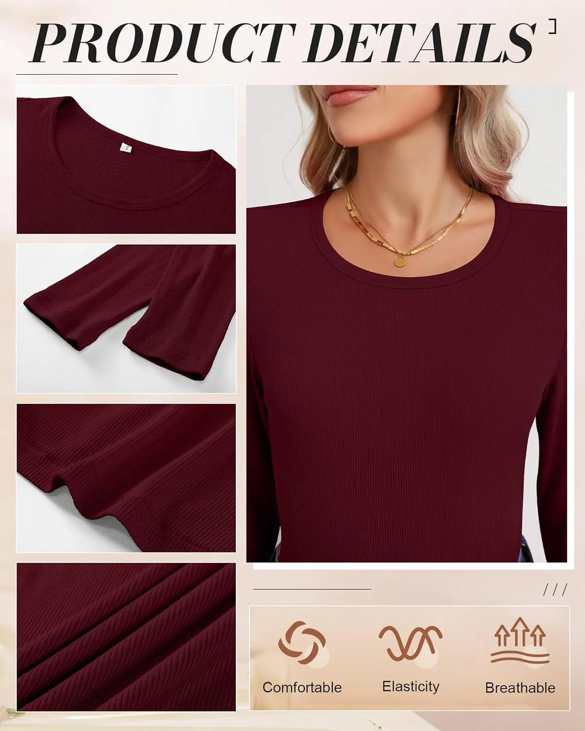 Ficerd 3 Pack Women's Long Sleeve Shirts, Crew Neck Slim Fit Tees Ribbed Knit Undershirts Casual Stretch Basic Layering Tops
