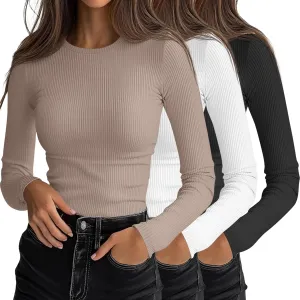 Ficerd 3 Pack Women's Long Sleeve Shirts, Crew Neck Slim Fit Tees Ribbed Knit Undershirts Casual Stretch Basic Layering Tops