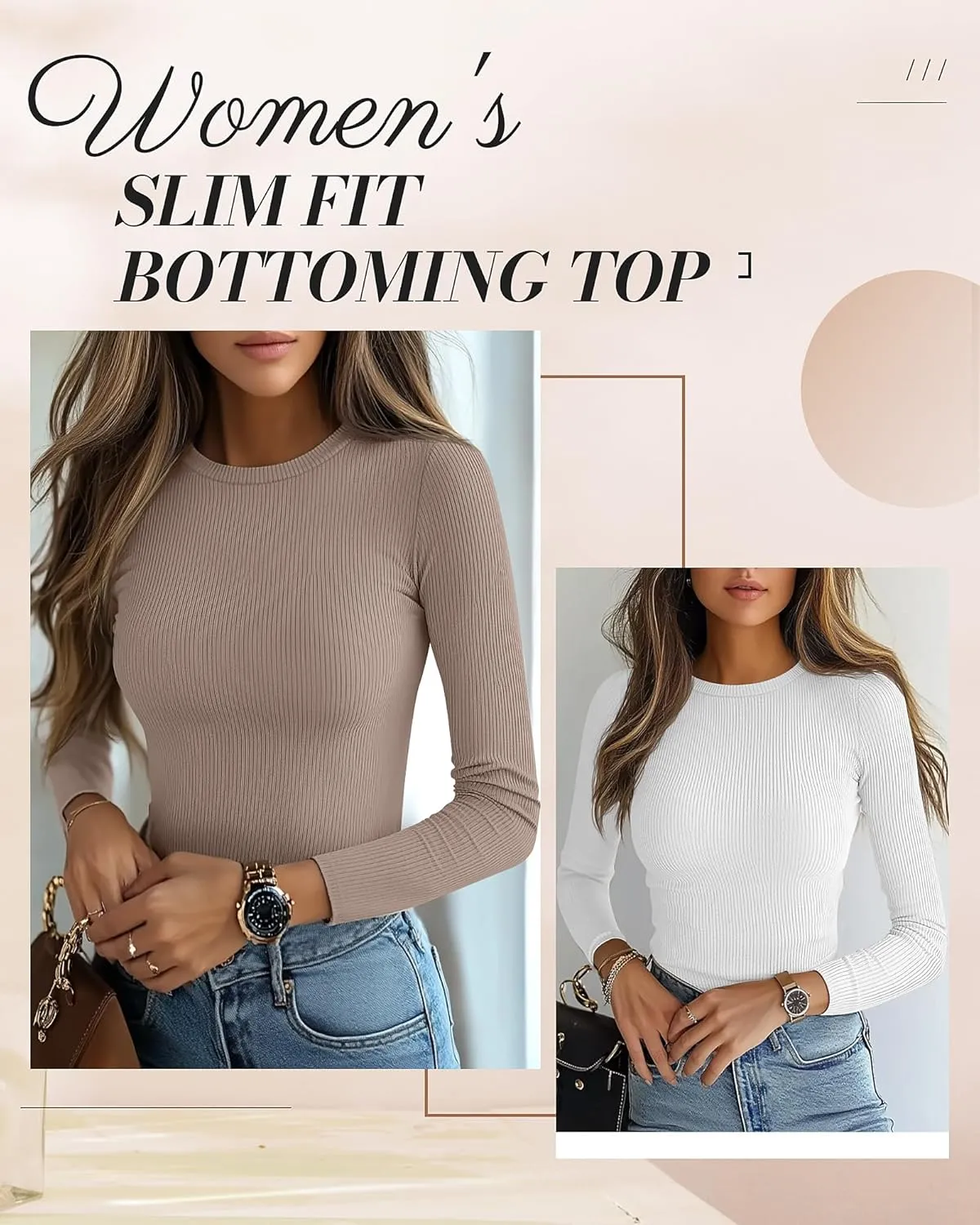 Ficerd 3 Pack Women's Long Sleeve Shirts, Crew Neck Slim Fit Tees Ribbed Knit Undershirts Casual Stretch Basic Layering Tops