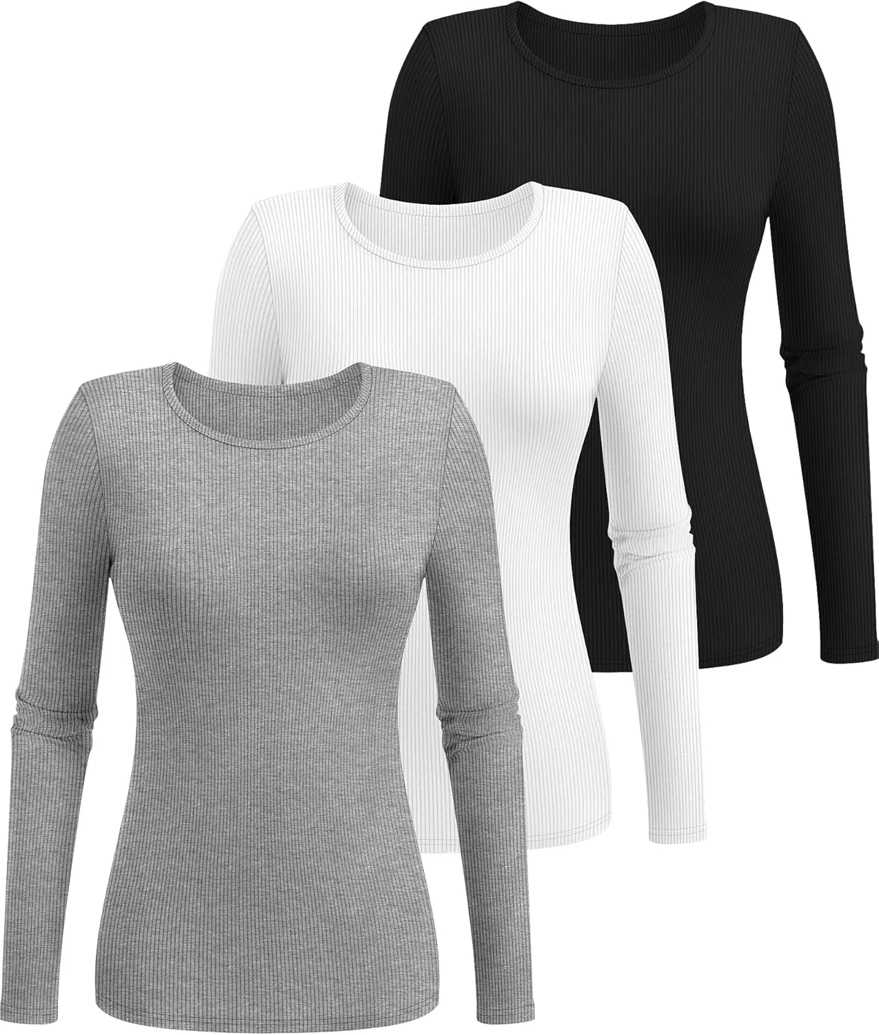 Ficerd 3 Pack Women's Long Sleeve Shirts, Crew Neck Slim Fit Tees Ribbed Knit Undershirts Casual Stretch Basic Layering Tops