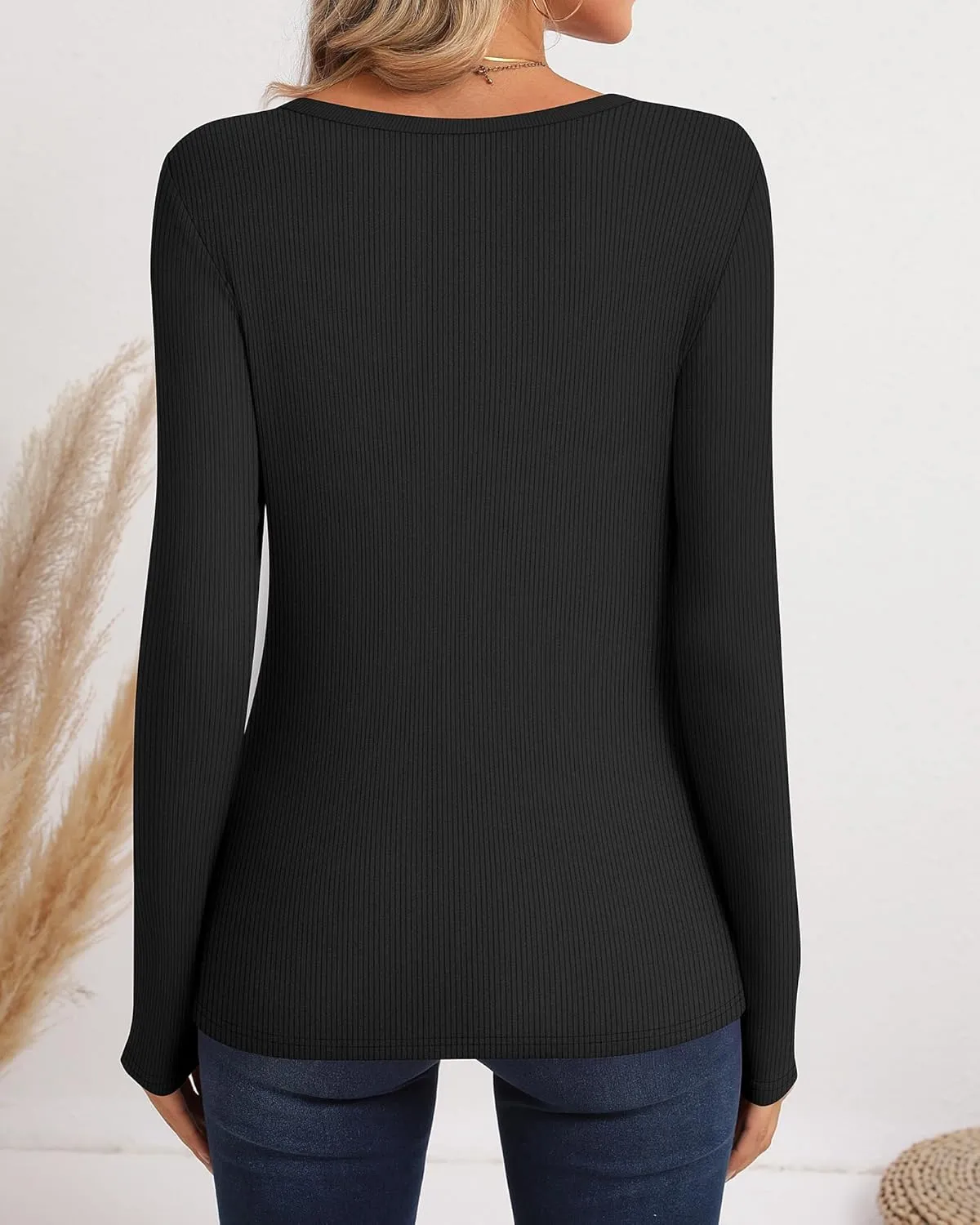Ficerd 3 Pack Women's Long Sleeve Shirts, Crew Neck Slim Fit Tees Ribbed Knit Undershirts Casual Stretch Basic Layering Tops
