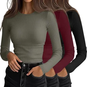 Ficerd 3 Pack Women's Long Sleeve Shirts, Crew Neck Slim Fit Tees Ribbed Knit Undershirts Casual Stretch Basic Layering Tops