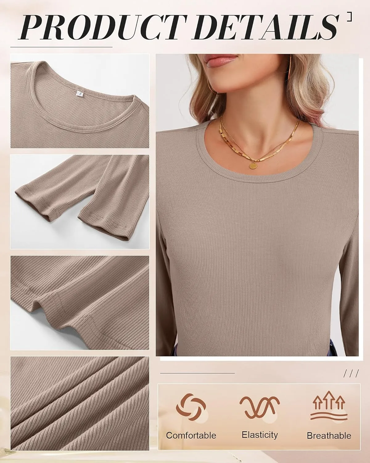 Ficerd 3 Pack Women's Long Sleeve Shirts, Crew Neck Slim Fit Tees Ribbed Knit Undershirts Casual Stretch Basic Layering Tops