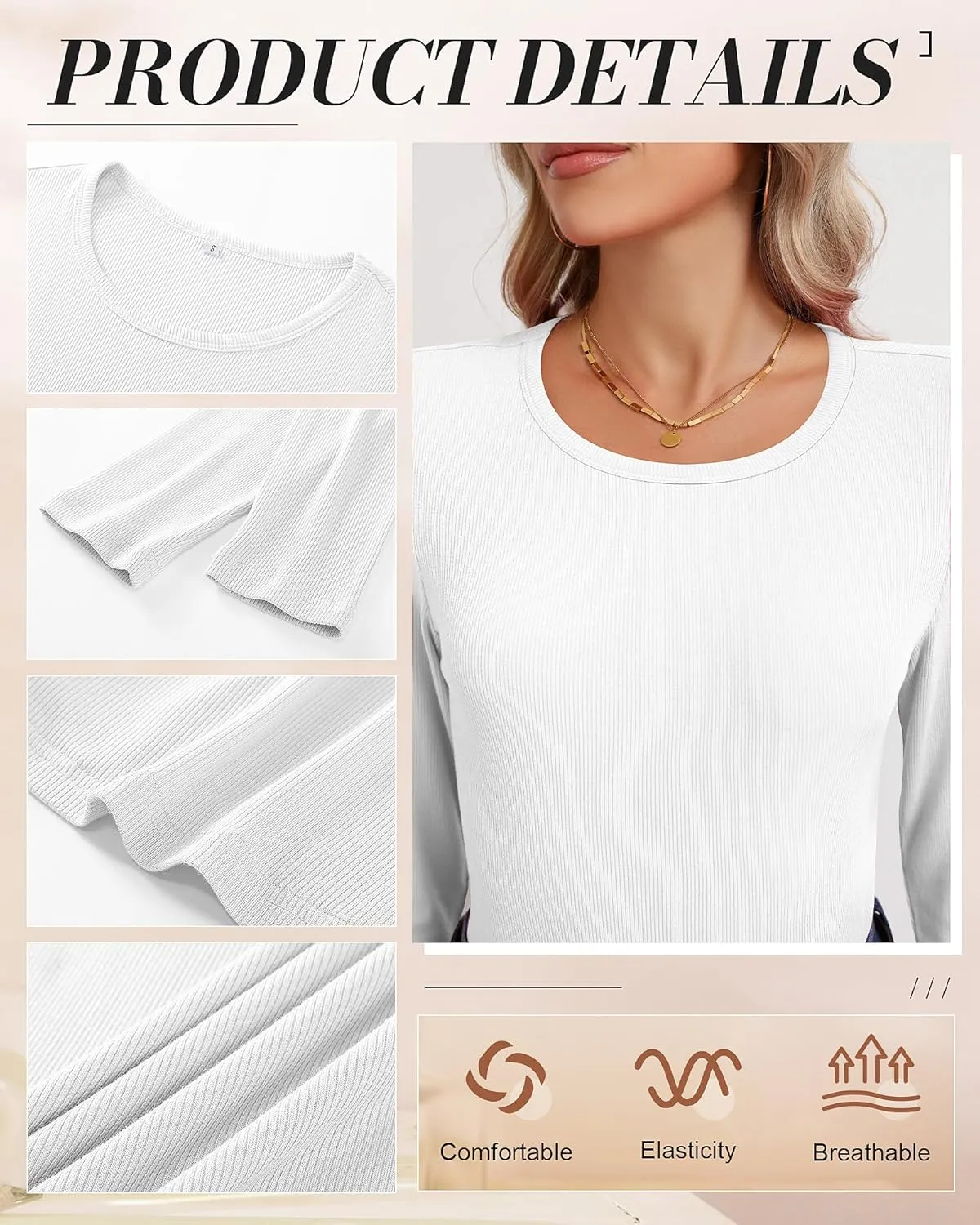Ficerd 3 Pack Women's Long Sleeve Shirts, Crew Neck Slim Fit Tees Ribbed Knit Undershirts Casual Stretch Basic Layering Tops