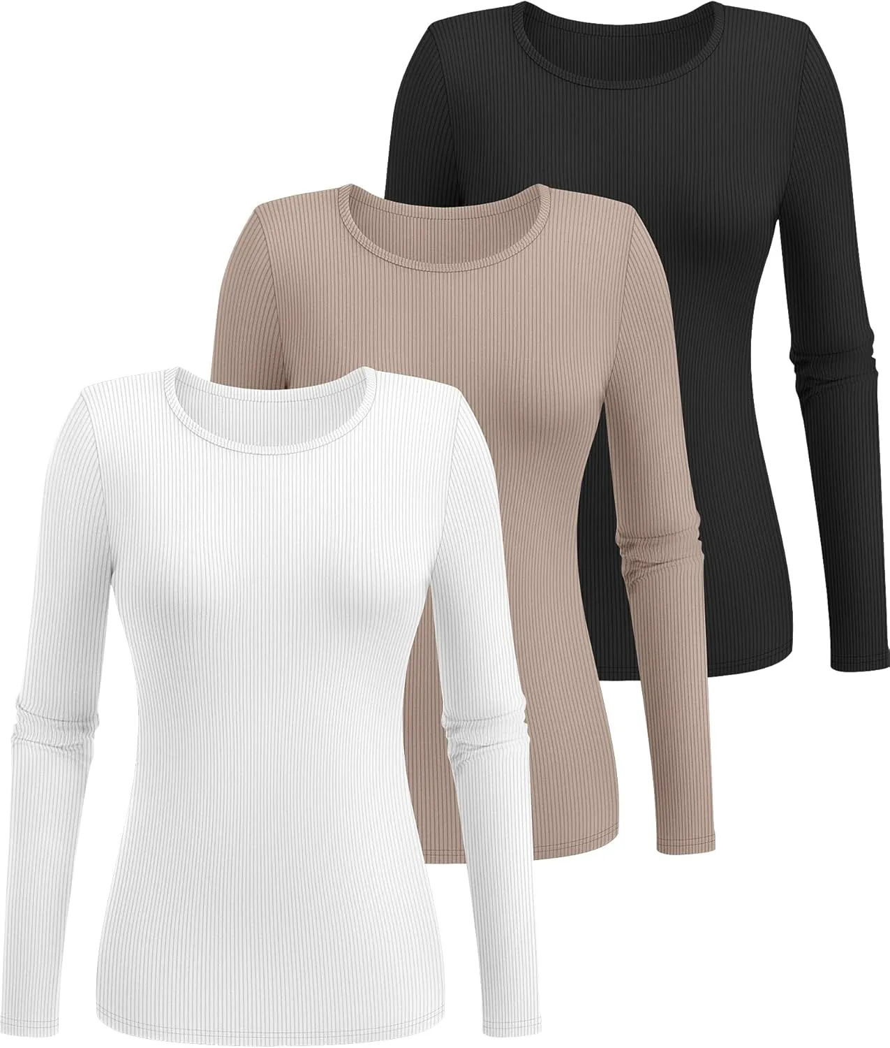 Ficerd 3 Pack Women's Long Sleeve Shirts, Crew Neck Slim Fit Tees Ribbed Knit Undershirts Casual Stretch Basic Layering Tops