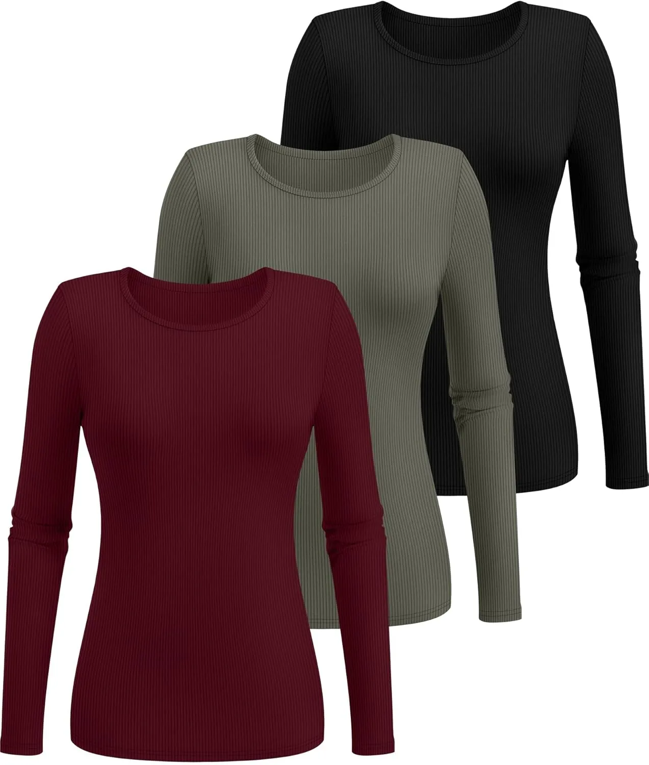 Ficerd 3 Pack Women's Long Sleeve Shirts, Crew Neck Slim Fit Tees Ribbed Knit Undershirts Casual Stretch Basic Layering Tops