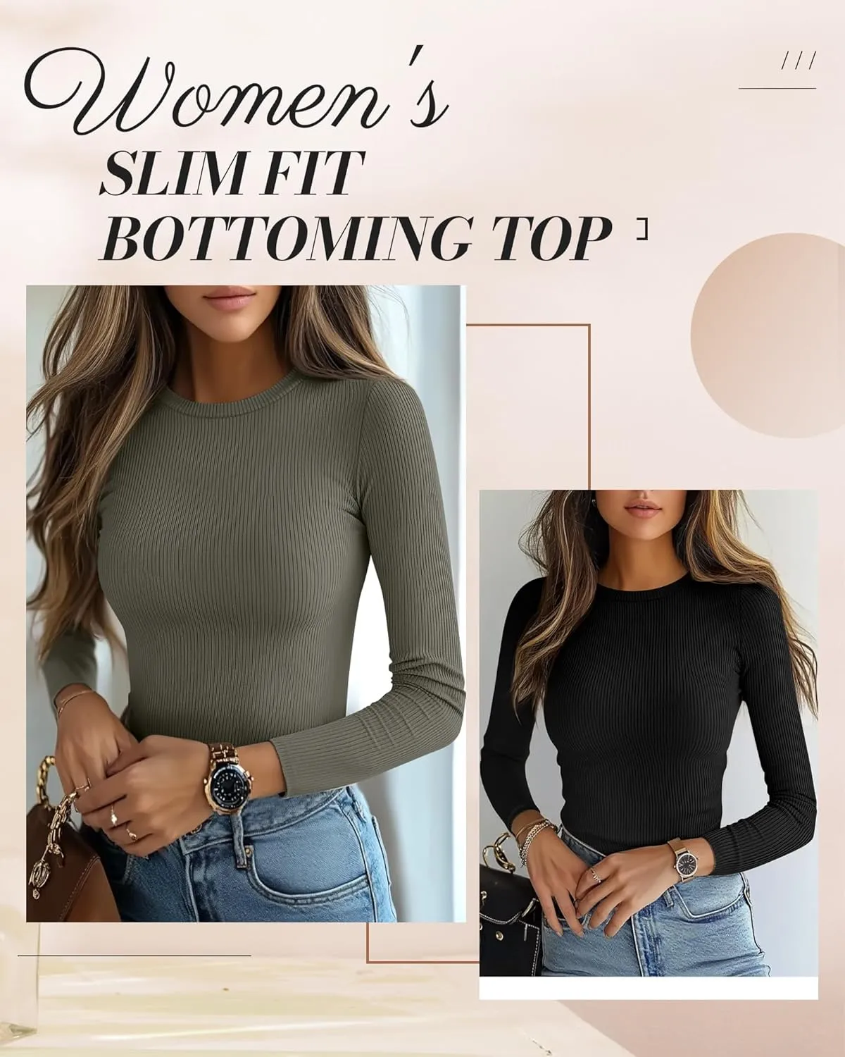 Ficerd 3 Pack Women's Long Sleeve Shirts, Crew Neck Slim Fit Tees Ribbed Knit Undershirts Casual Stretch Basic Layering Tops