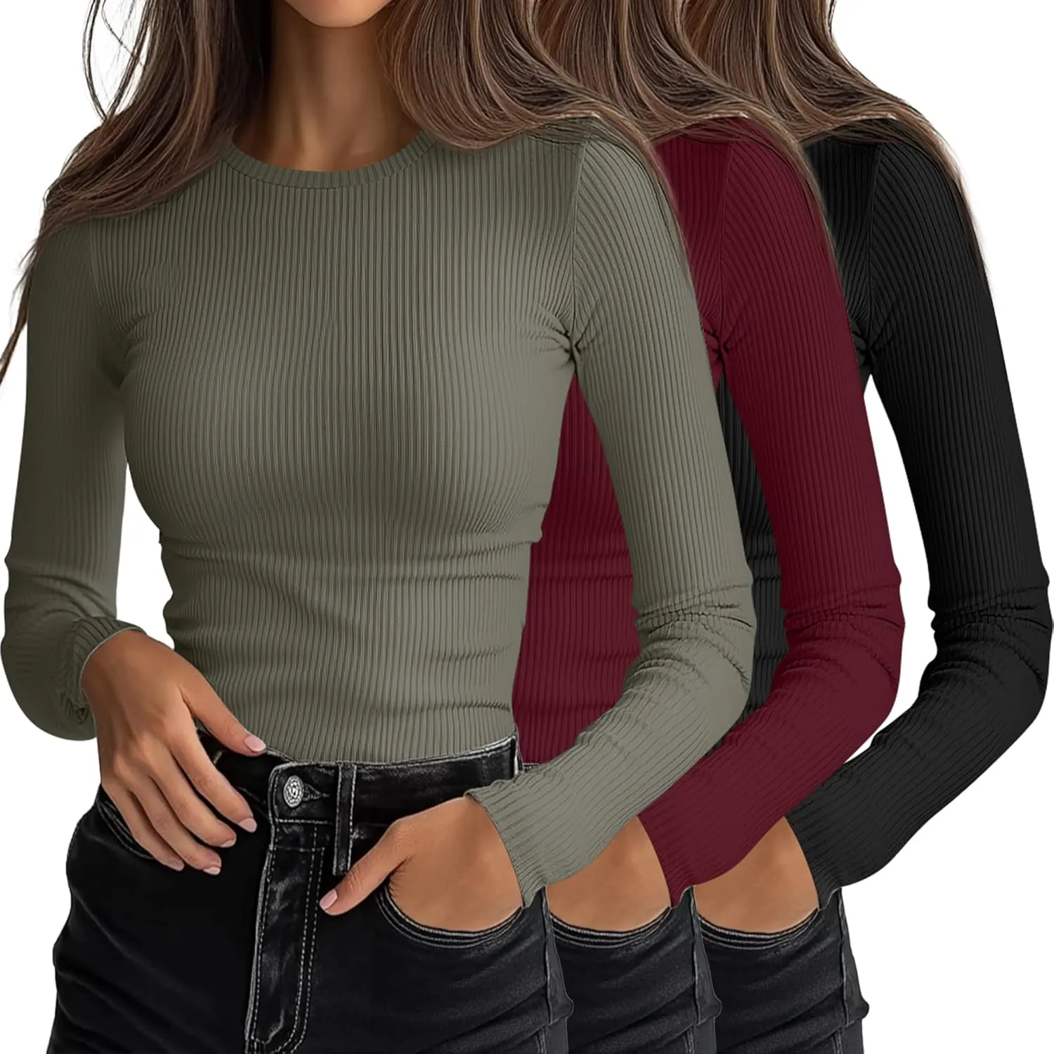 Ficerd 3 Pack Women's Long Sleeve Shirts, Crew Neck Slim Fit Tees Ribbed Knit Undershirts Casual Stretch Basic Layering Tops