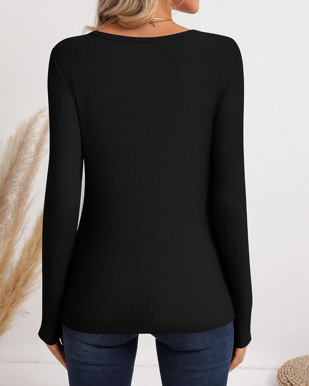 Ficerd 3 Pack Women's Long Sleeve Shirts, Crew Neck Slim Fit Tees Ribbed Knit Undershirts Casual Stretch Basic Layering Tops