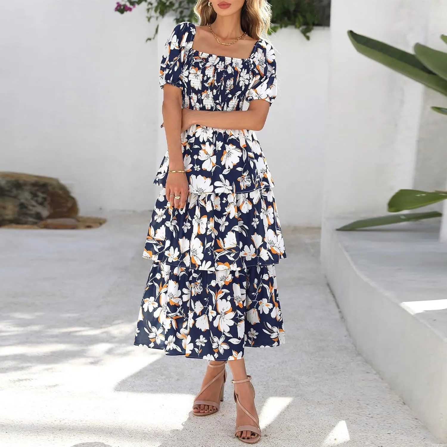 Floral Dress for Women Summer Square Neck Smocked Dress Elegant Ruffle Tiered Maxi Wedding Guest Dresses