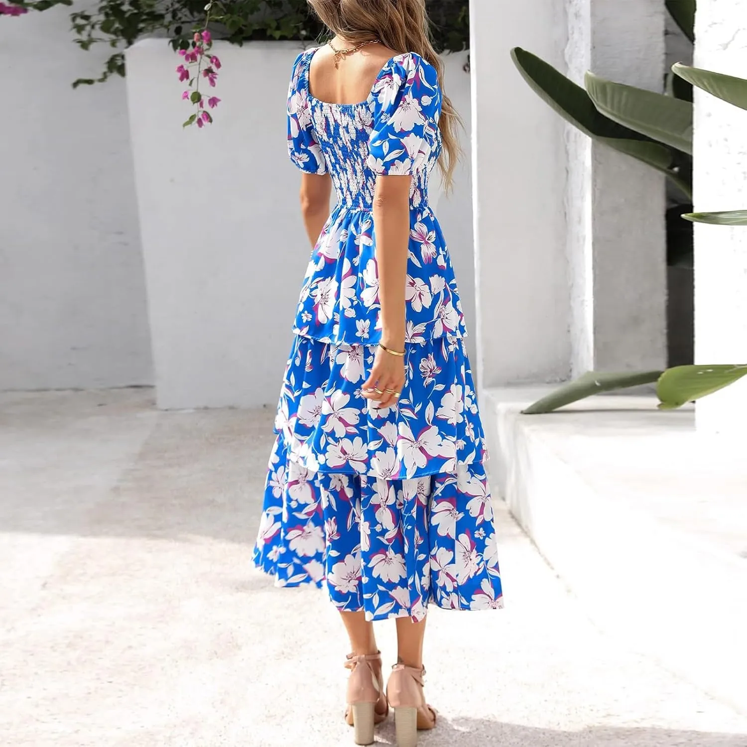 Floral Dress for Women Summer Square Neck Smocked Dress Elegant Ruffle Tiered Maxi Wedding Guest Dresses