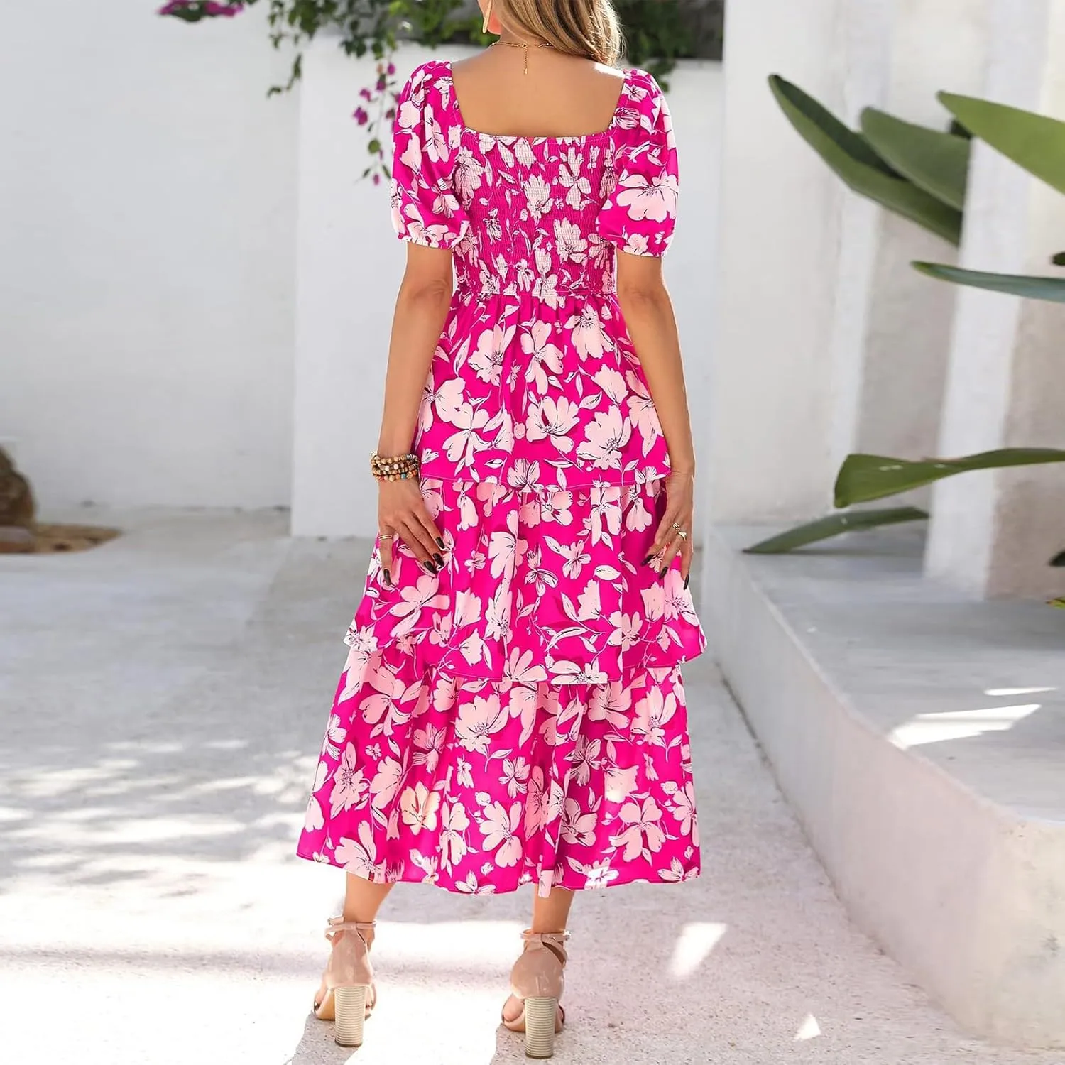 Floral Dress for Women Summer Square Neck Smocked Dress Elegant Ruffle Tiered Maxi Wedding Guest Dresses