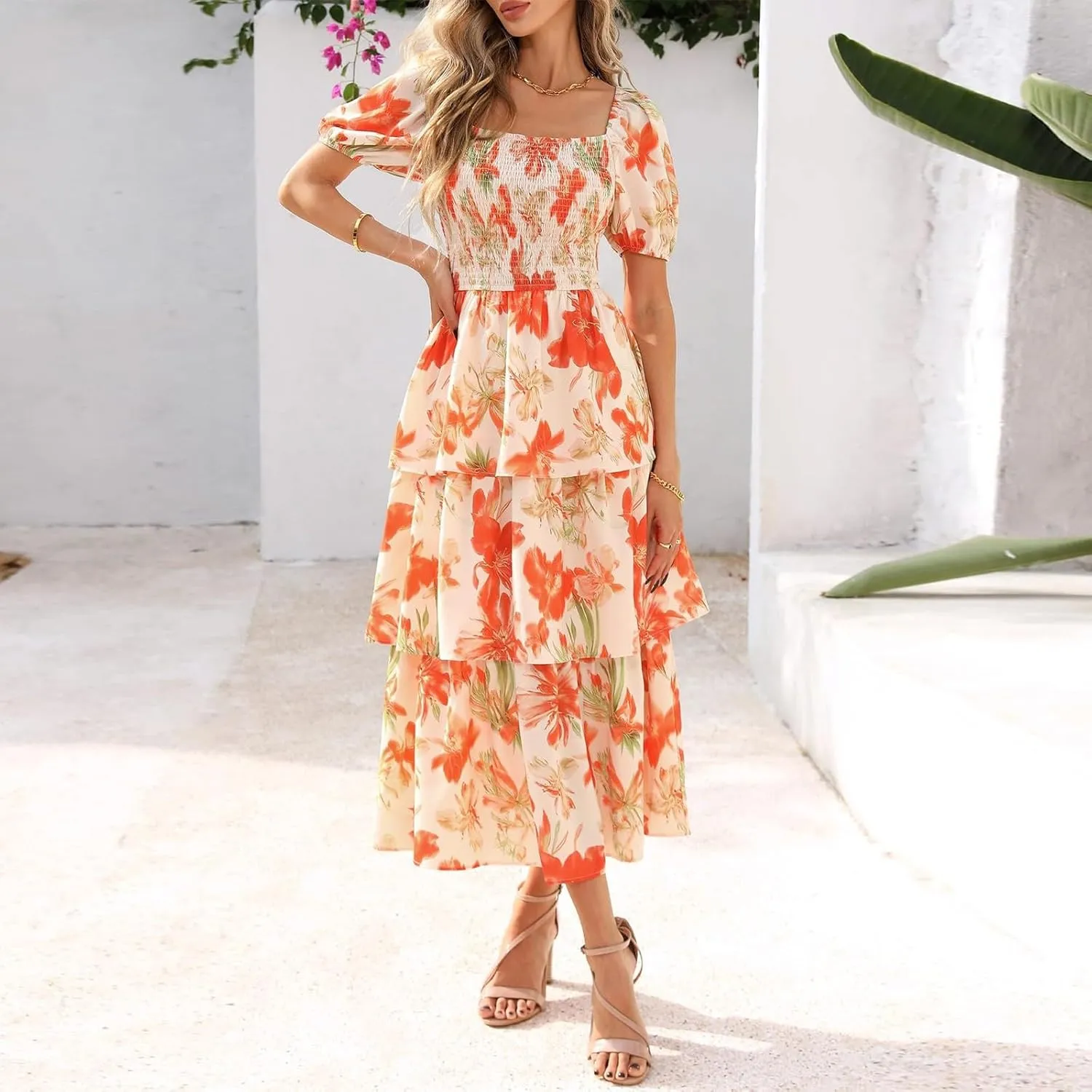 Floral Dress for Women Summer Square Neck Smocked Dress Elegant Ruffle Tiered Maxi Wedding Guest Dresses
