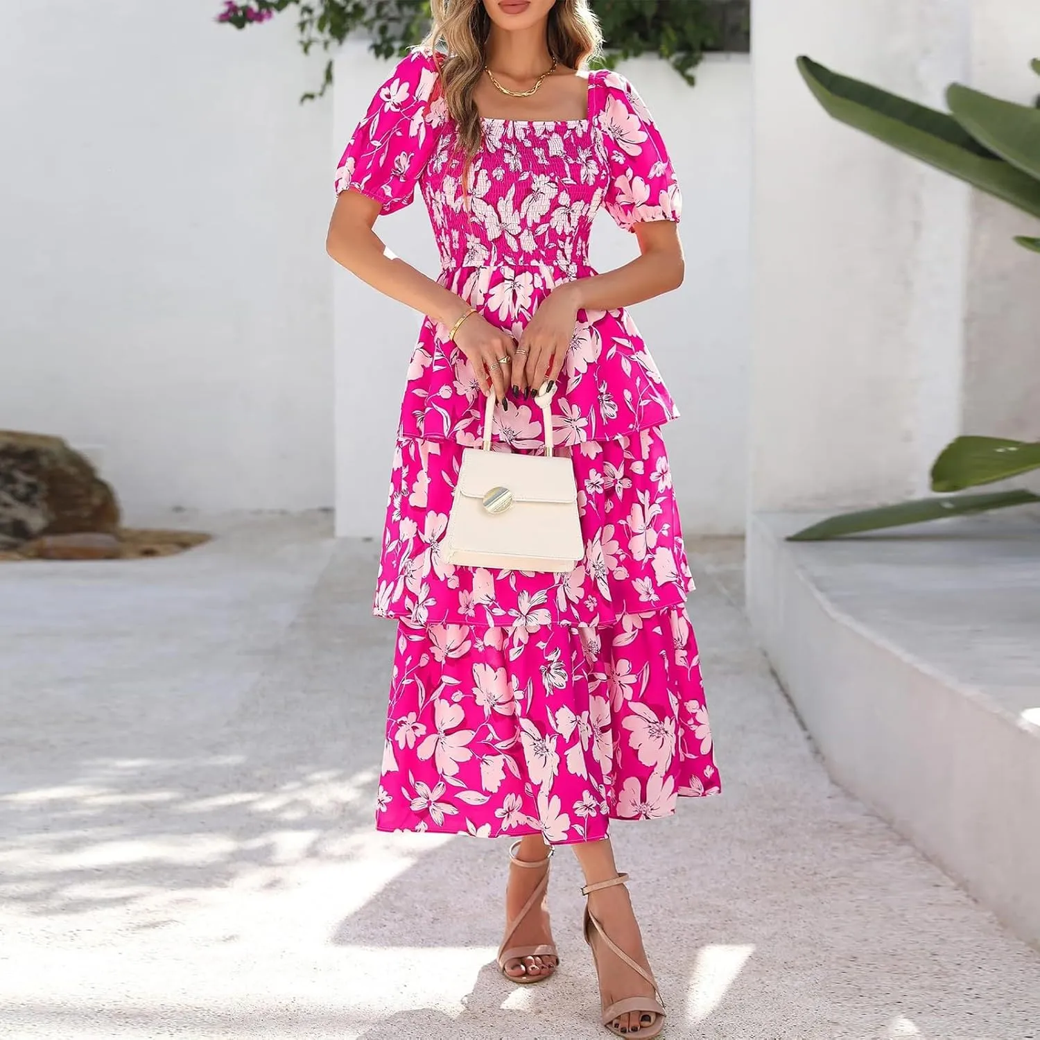 Floral Dress for Women Summer Square Neck Smocked Dress Elegant Ruffle Tiered Maxi Wedding Guest Dresses