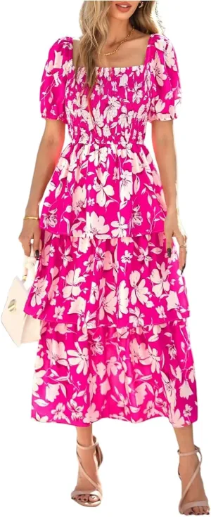 Floral Dress for Women Summer Square Neck Smocked Dress Elegant Ruffle Tiered Maxi Wedding Guest Dresses