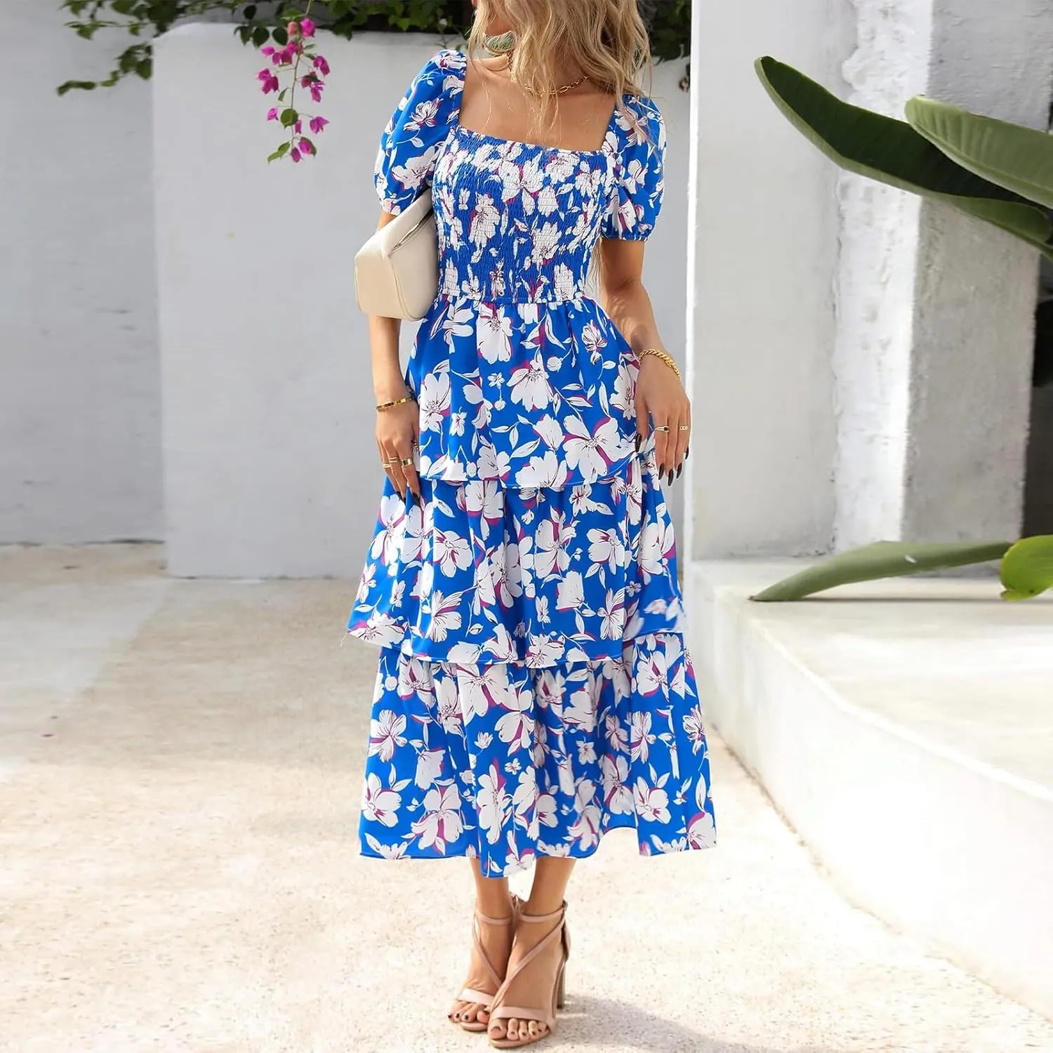 Floral Dress for Women Summer Square Neck Smocked Dress Elegant Ruffle Tiered Maxi Wedding Guest Dresses