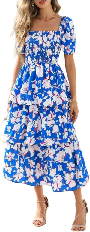 Floral Dress for Women Summer Square Neck Smocked Dress Elegant Ruffle Tiered Maxi Wedding Guest Dresses