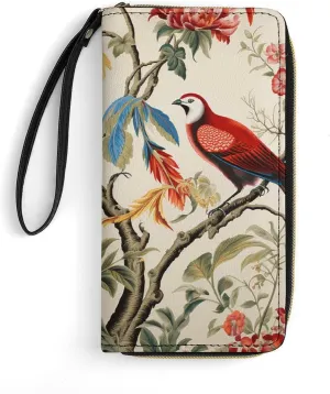 Flowers And Birds Leather Wallet Smooth Zip Around Clutch Wristlet Travel Long Soft Purse for Women