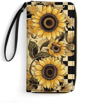 Flowers in Border Leather Wallet Smooth Zip Around Clutch Wristlet Travel Long Soft Purse for Women