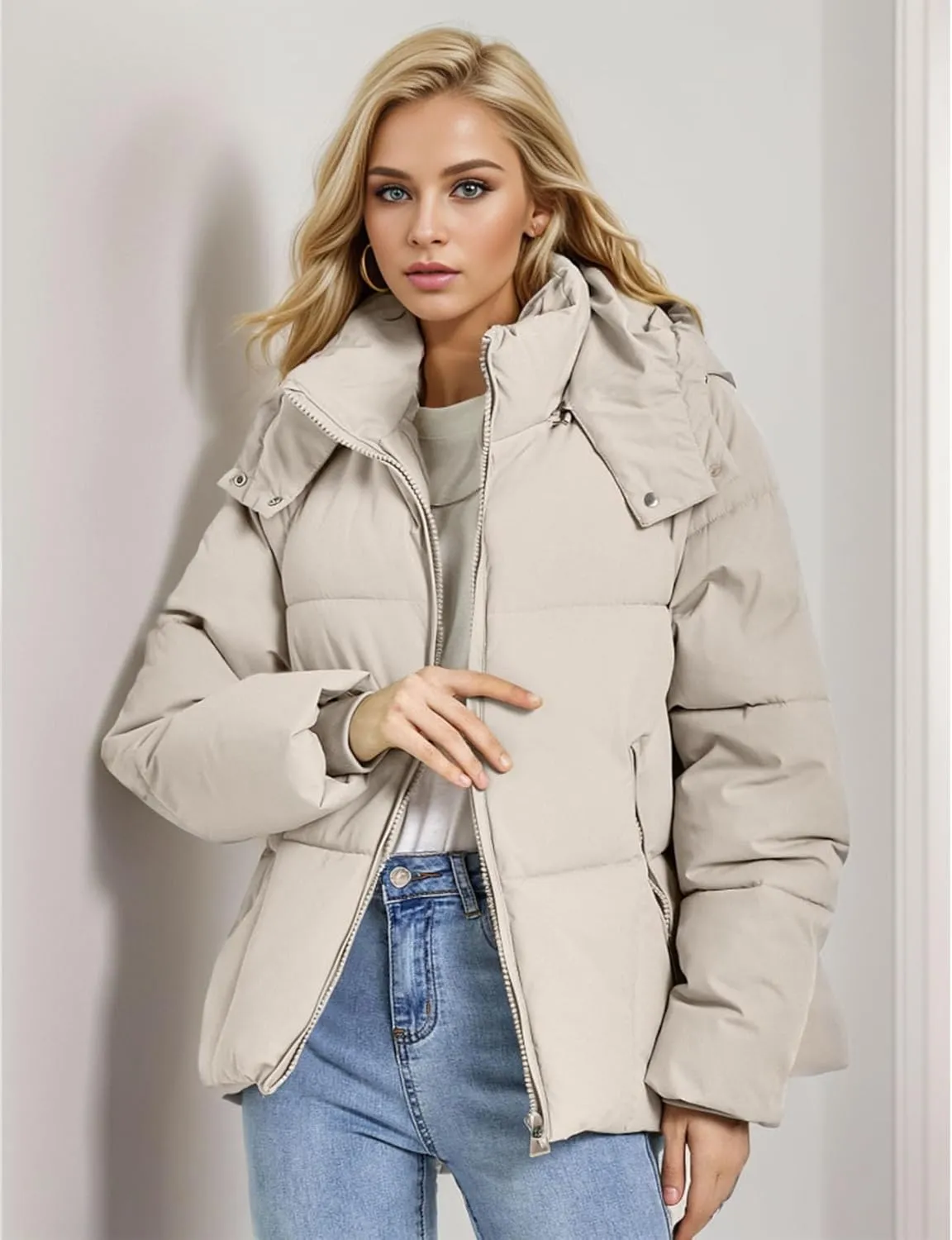 Flygo Womens Hoodies Puffer Jacket Zip Up Quilted Hooded Bubble Padded Down Winter Coats Long Sleeve Jackets with Pockets