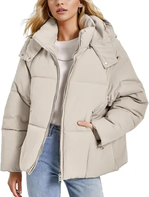 Flygo Womens Hoodies Puffer Jacket Zip Up Quilted Hooded Bubble Padded Down Winter Coats Long Sleeve Jackets with Pockets