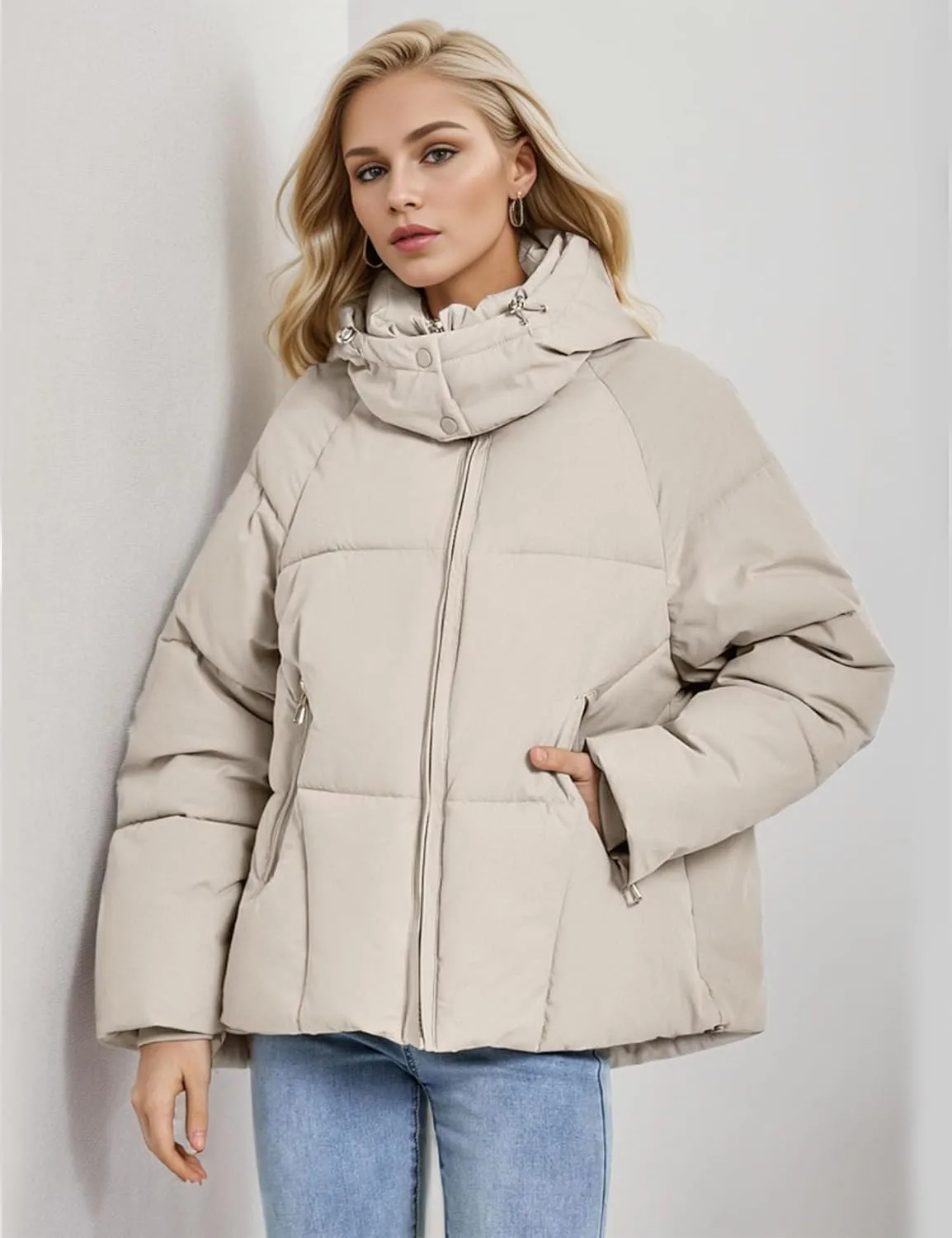 Flygo Womens Hoodies Puffer Jacket Zip Up Quilted Hooded Bubble Padded Down Winter Coats Long Sleeve Jackets with Pockets