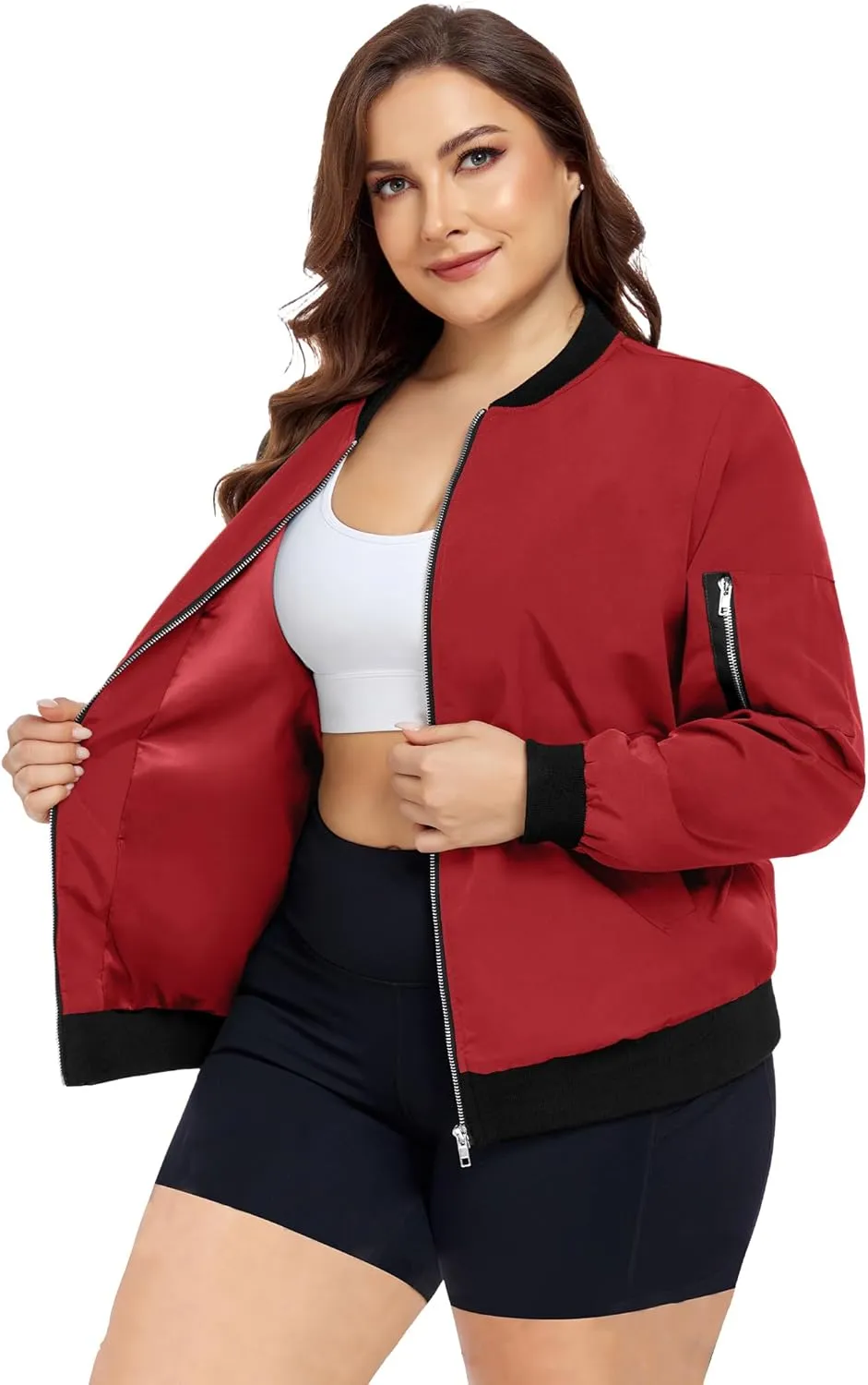 FOREYOND Plus Size Bomber Jackets for Women Zip Up Lightweight Coats Casual Windbreaker Fall Flight Jackets with Pockets