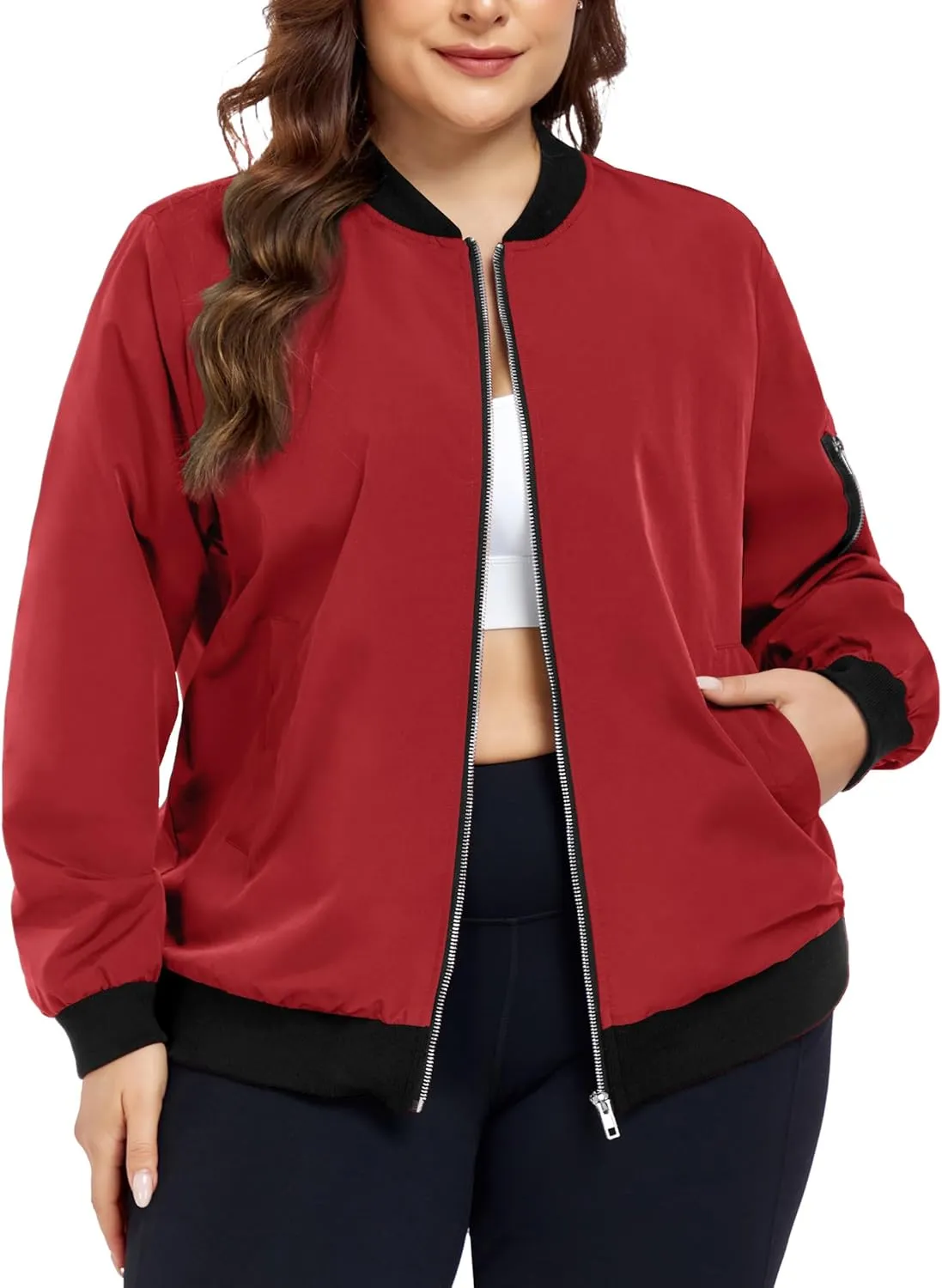 FOREYOND Plus Size Bomber Jackets for Women Zip Up Lightweight Coats Casual Windbreaker Fall Flight Jackets with Pockets
