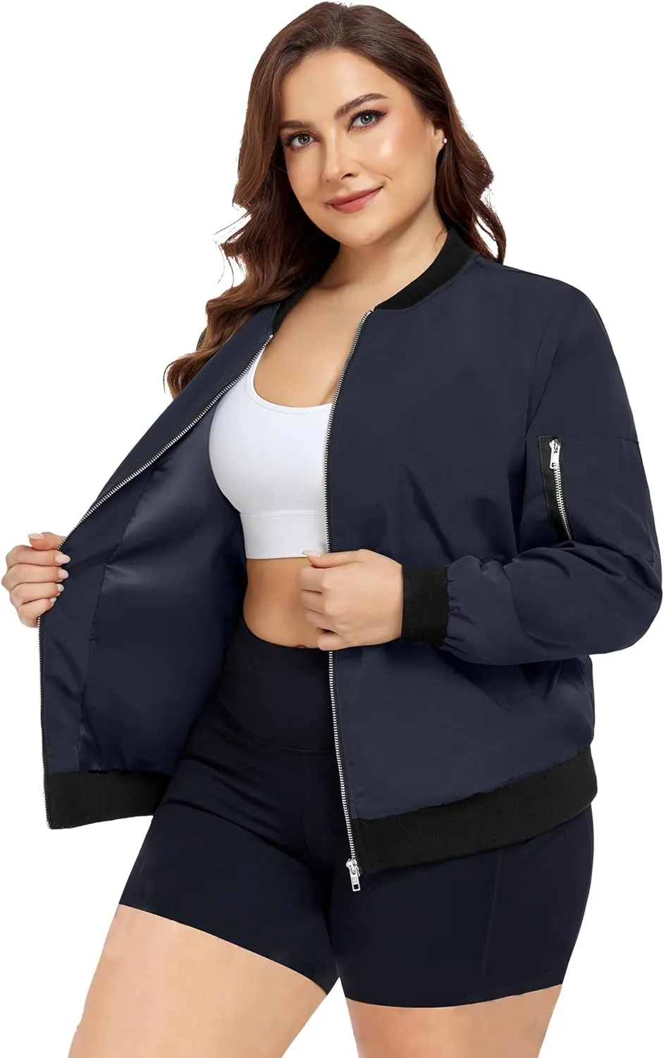 FOREYOND Plus Size Bomber Jackets for Women Zip Up Lightweight Coats Casual Windbreaker Fall Flight Jackets with Pockets