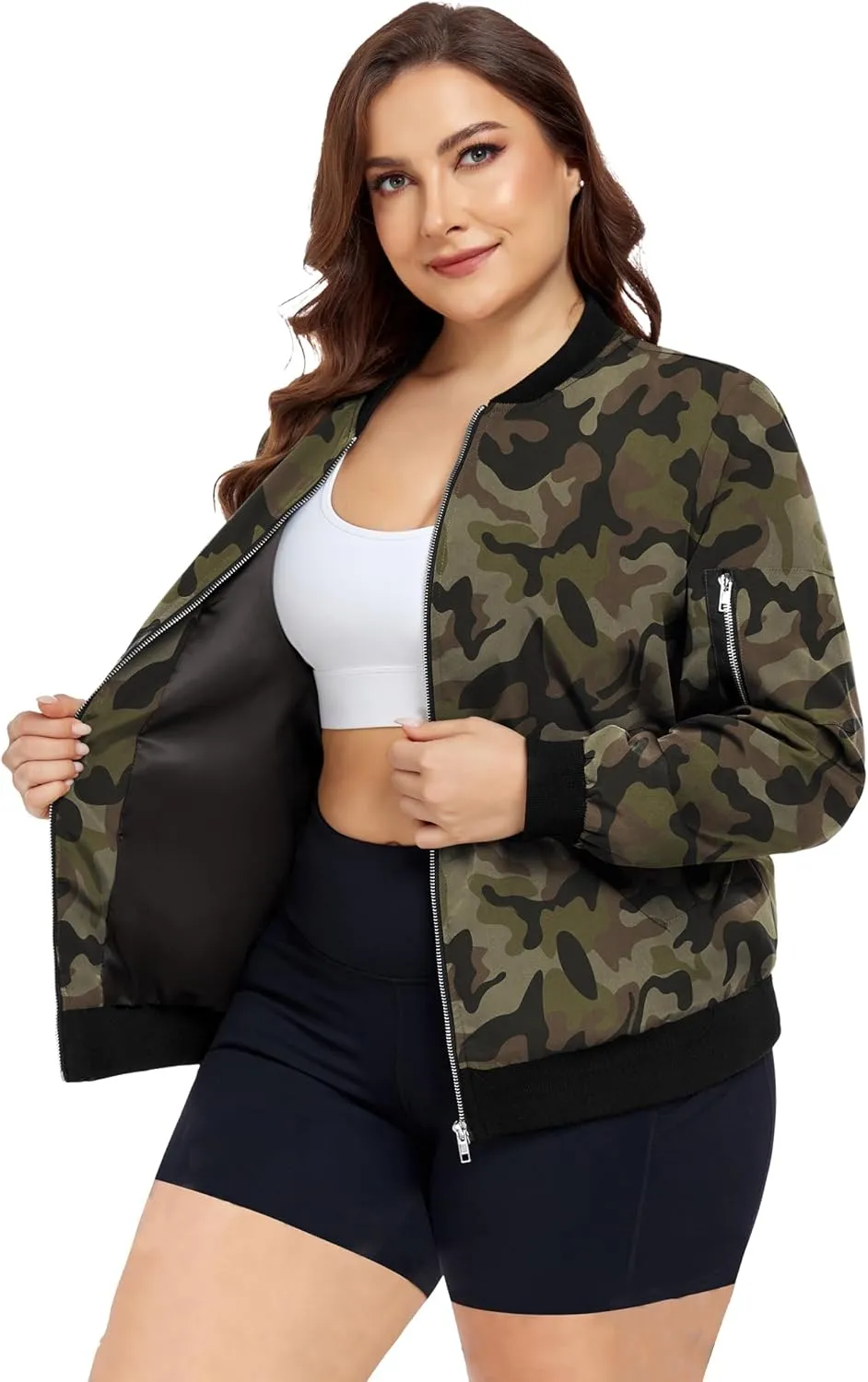 FOREYOND Plus Size Bomber Jackets for Women Zip Up Lightweight Coats Casual Windbreaker Fall Flight Jackets with Pockets