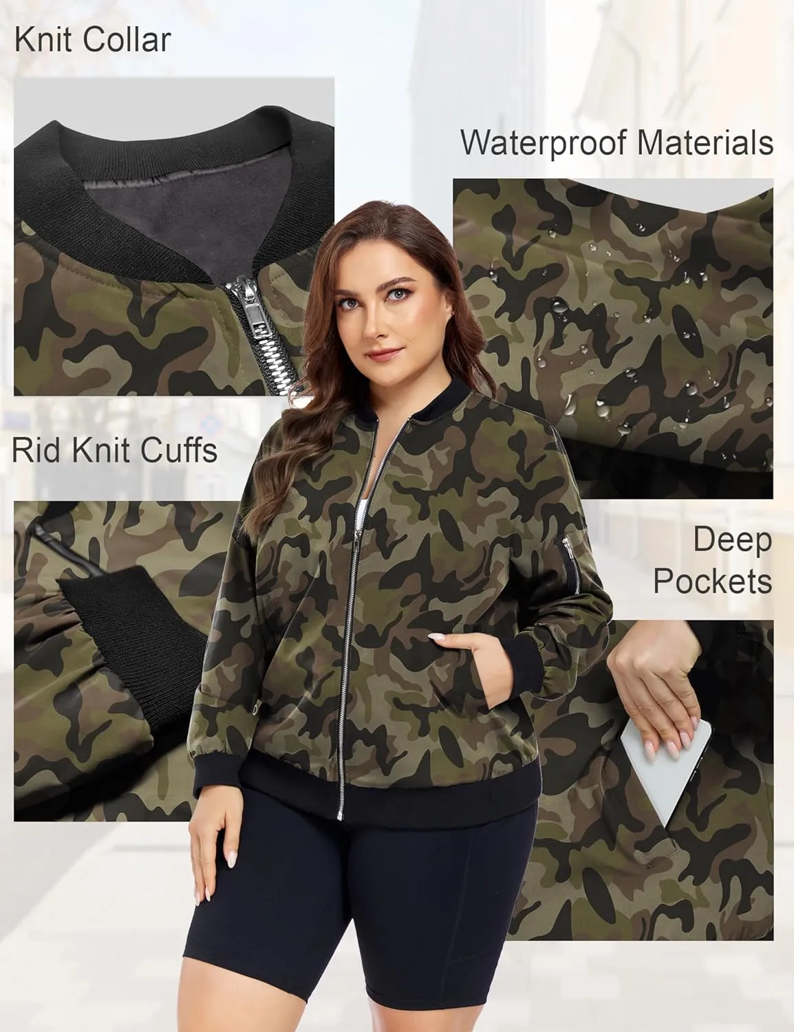 FOREYOND Plus Size Bomber Jackets for Women Zip Up Lightweight Coats Casual Windbreaker Fall Flight Jackets with Pockets